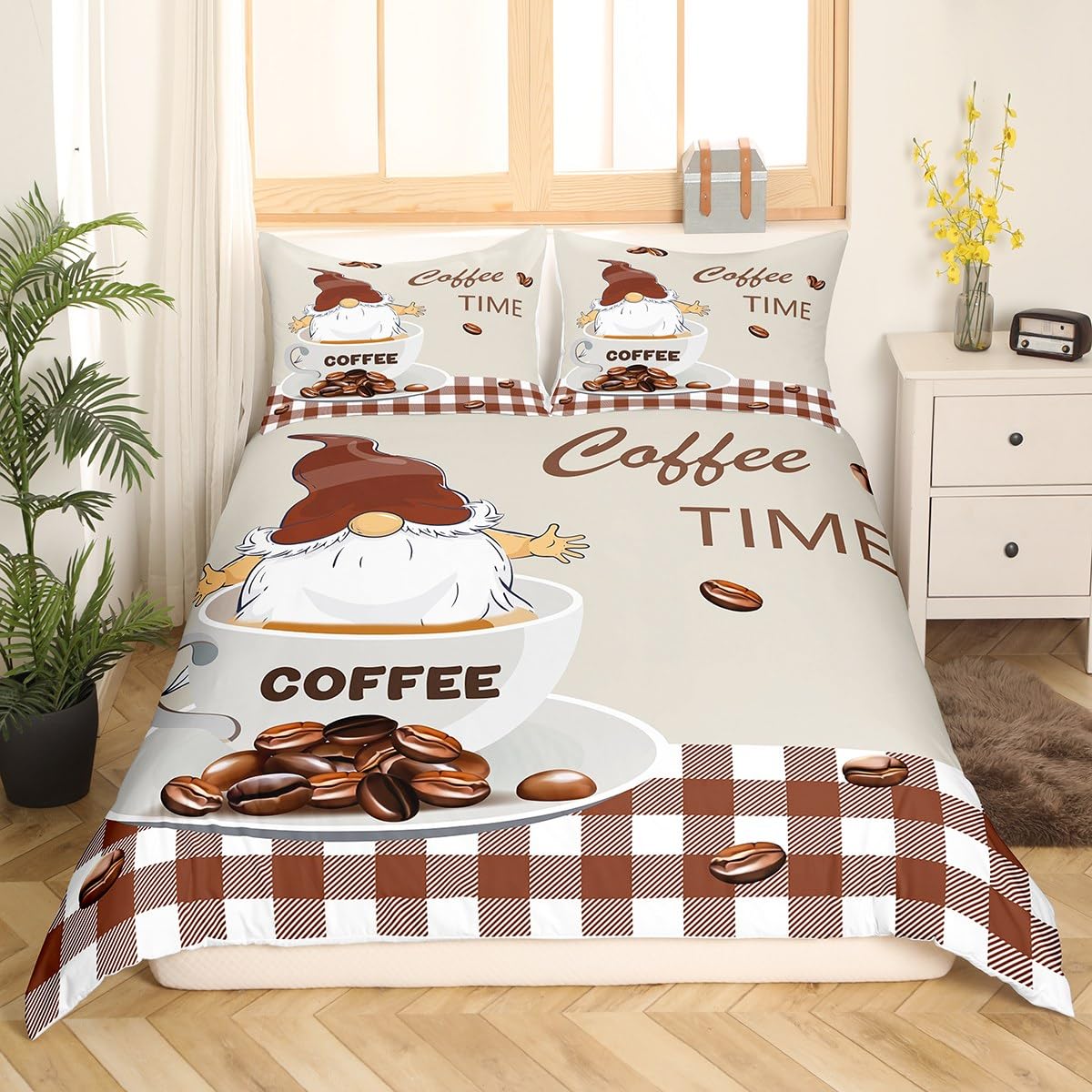 Manfei Cute Gnome Kids Duvet Cover Set King Size, Coffee and Cup Comforter Cover
