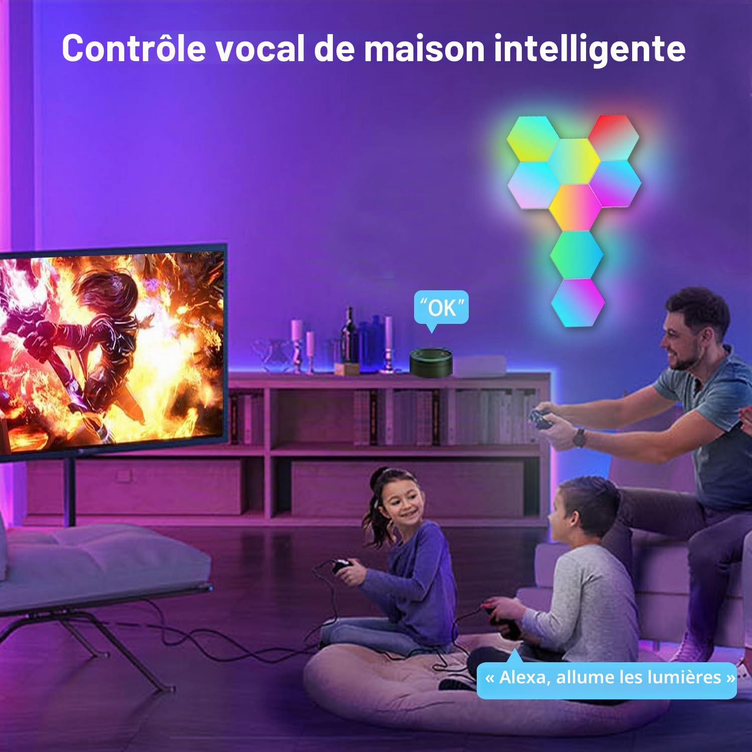 Lot de 10 grandes lumières LED hexagonales pour chambre TV, Smart Home Panneaux LED muraux RGBIC Setup Gaming Décoration Fonctionne avec Alexa Google Assistant, Contrôle vocal/App, Synchronisation