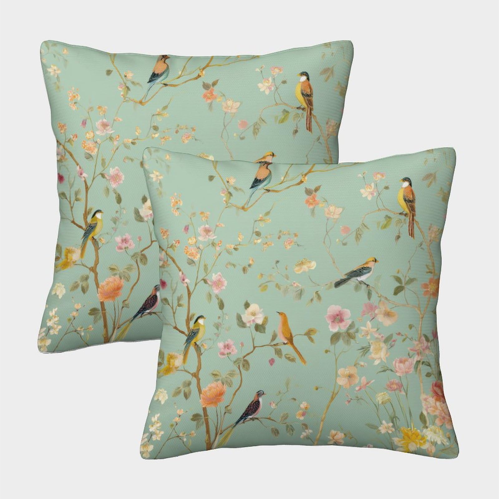 Felasbuid Style-10 Birds In Garden—Vintage Floral Design Pillow Covers 2 Pack Cozy Pillowcase Art Cushion Cover With Invisible Zipper Decor For Couch Livingroom 45X45cm