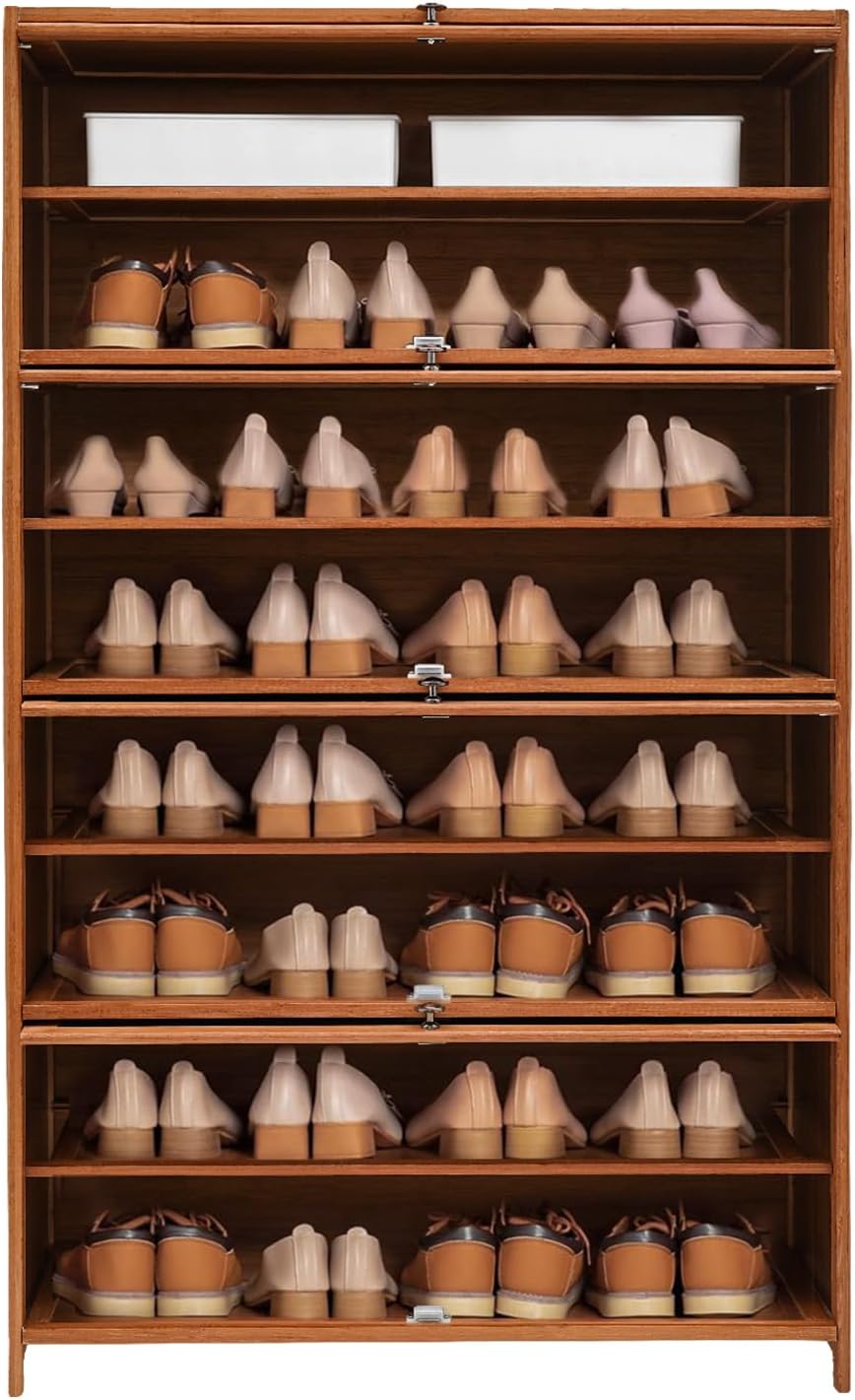 9-Tier Shoe Cabinet with Clear Doors,Adjustable Shelf Shoe Cabinet with Magnetic Locks - Fits 3-4 Pairs per Tier, Space-Saving Shoe Organizer for Entryway, Living Room (Bamboo lid, 9-Tier)