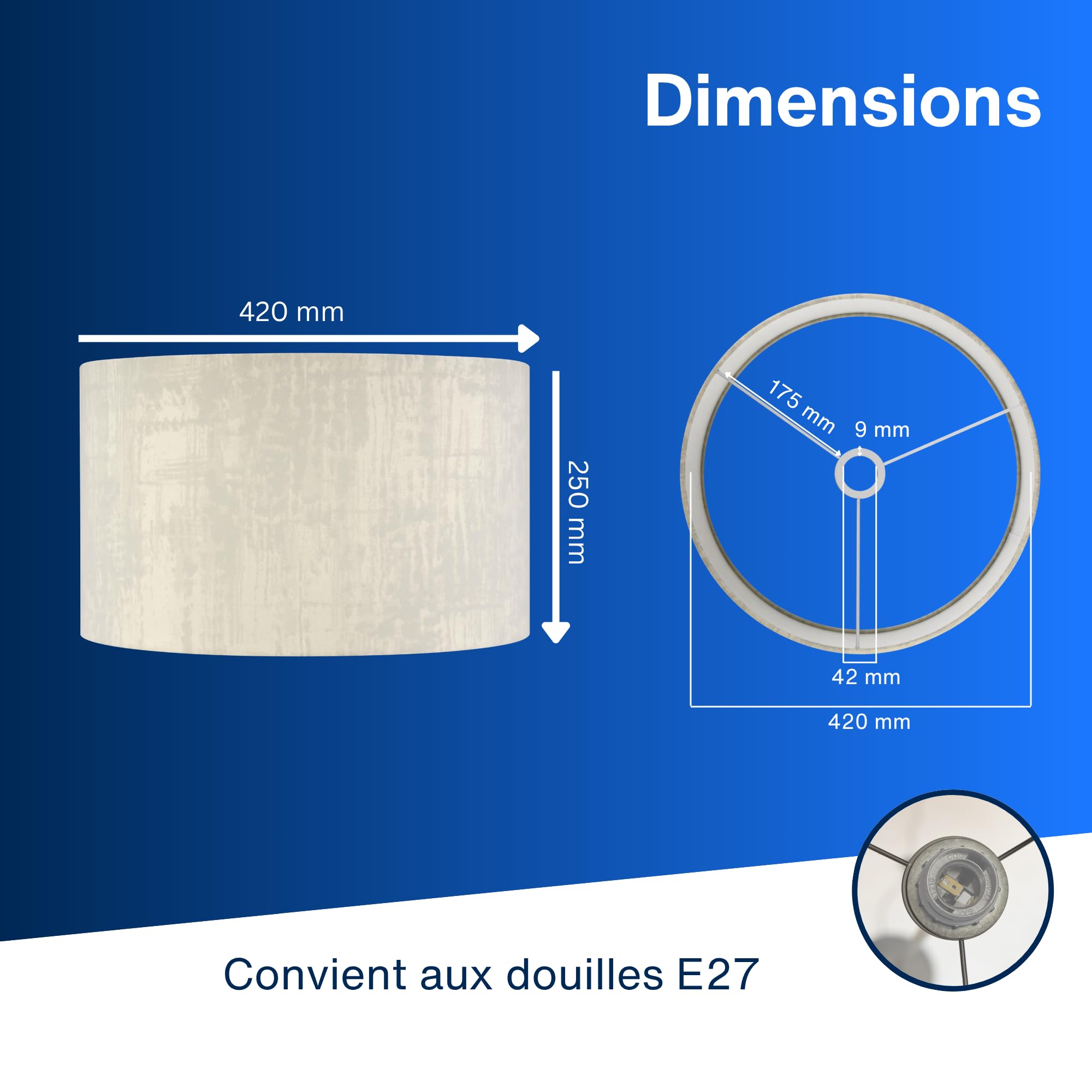 REV Abat-jour rond vintage en coton de haute qualité, diamètre 42 cm, abat-jour de rechange pour suspension et lampadaire, culot E27, blanc arctique