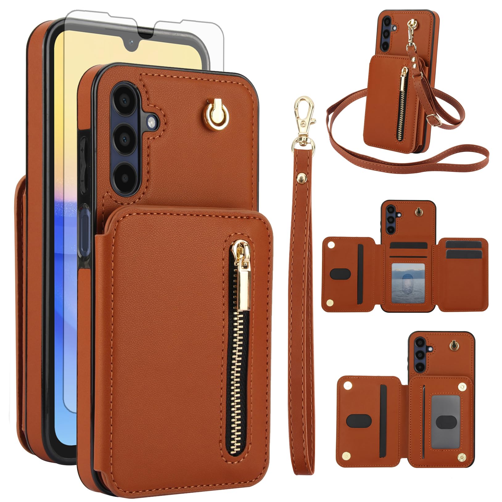 Phone Case for Samsung Galaxy A54 5G RFID Wallet Cell Cover with Tempered Glass Screen Protector Crossbody Strap Credit Card Holder Slot Stand A545G A