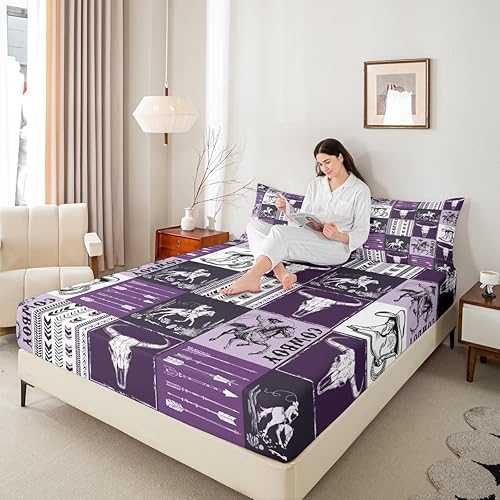 Miniatura 9 de Manfei Sábana bajera ajustable de vaquero, tamaño matrimonial, con 2 fundas de almohada, juego de ropa de cama de retazos de celosía burdeos, 3