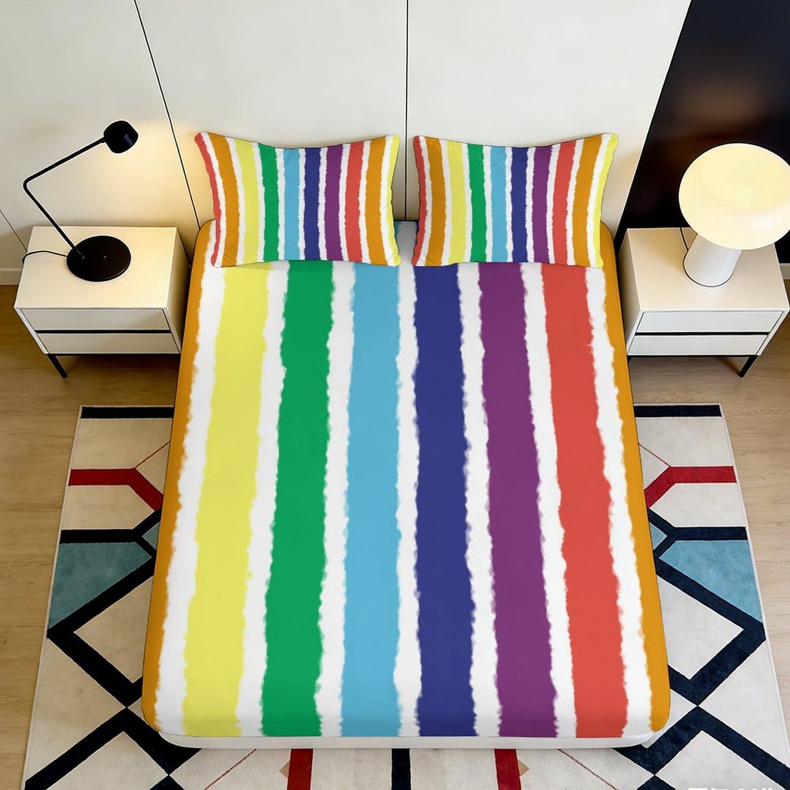 Jqzkxnhpbr Style-5 3D Printed Rainbow Stripe Fitted Sheet Microfiber Colorful Bedroom Decor Multicolor Mattress Cover For Home Dorm 90X200x25cm
