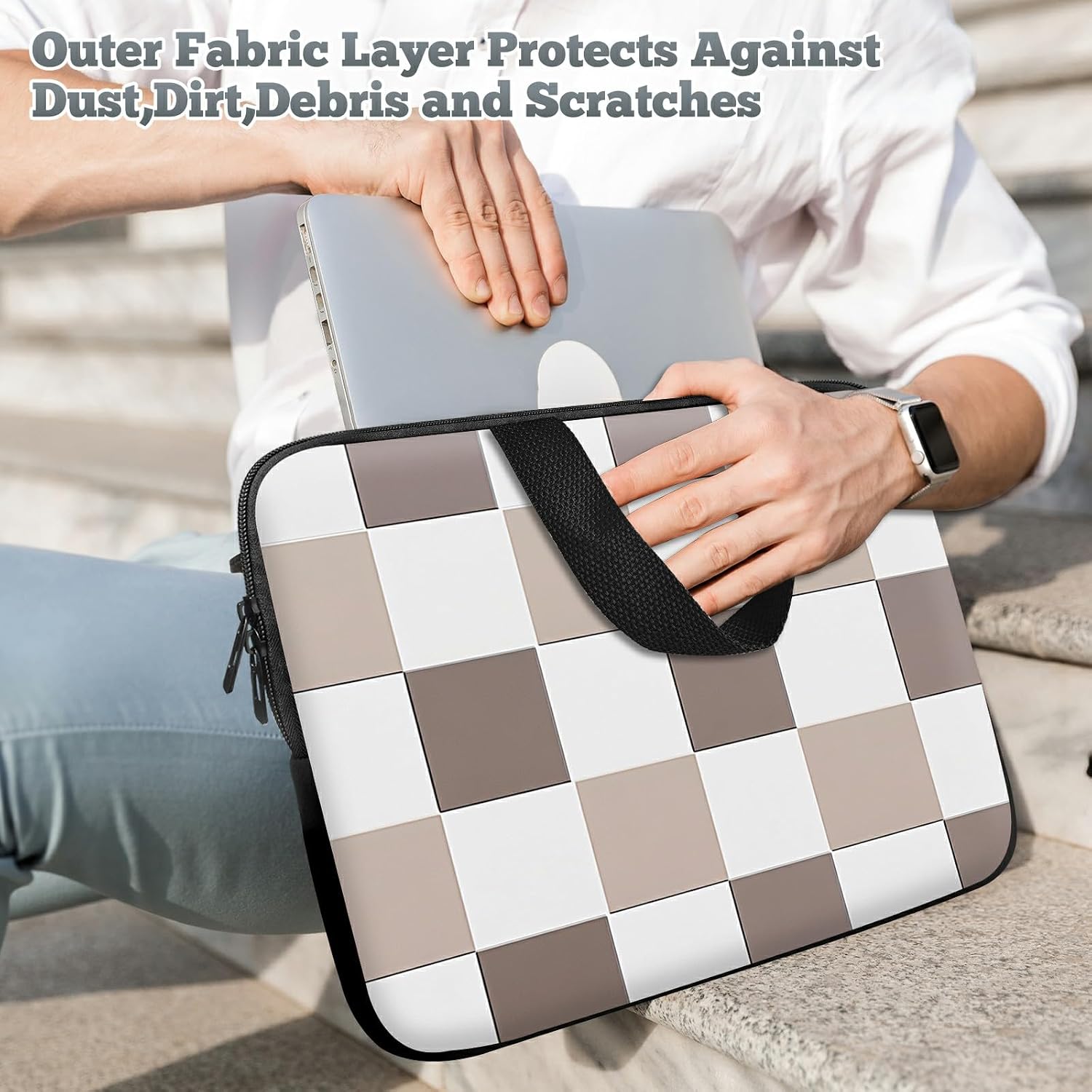Laptop Sleeve Case Bag 15 inch, Brown Checkered Slim Carrying Case Handbag Travel Laptop Bag for 15 inch MacBook Air M3/M2/15 Pro/Surface Laptop 7/6/5/4/3/ Dell XPS 15 Plus