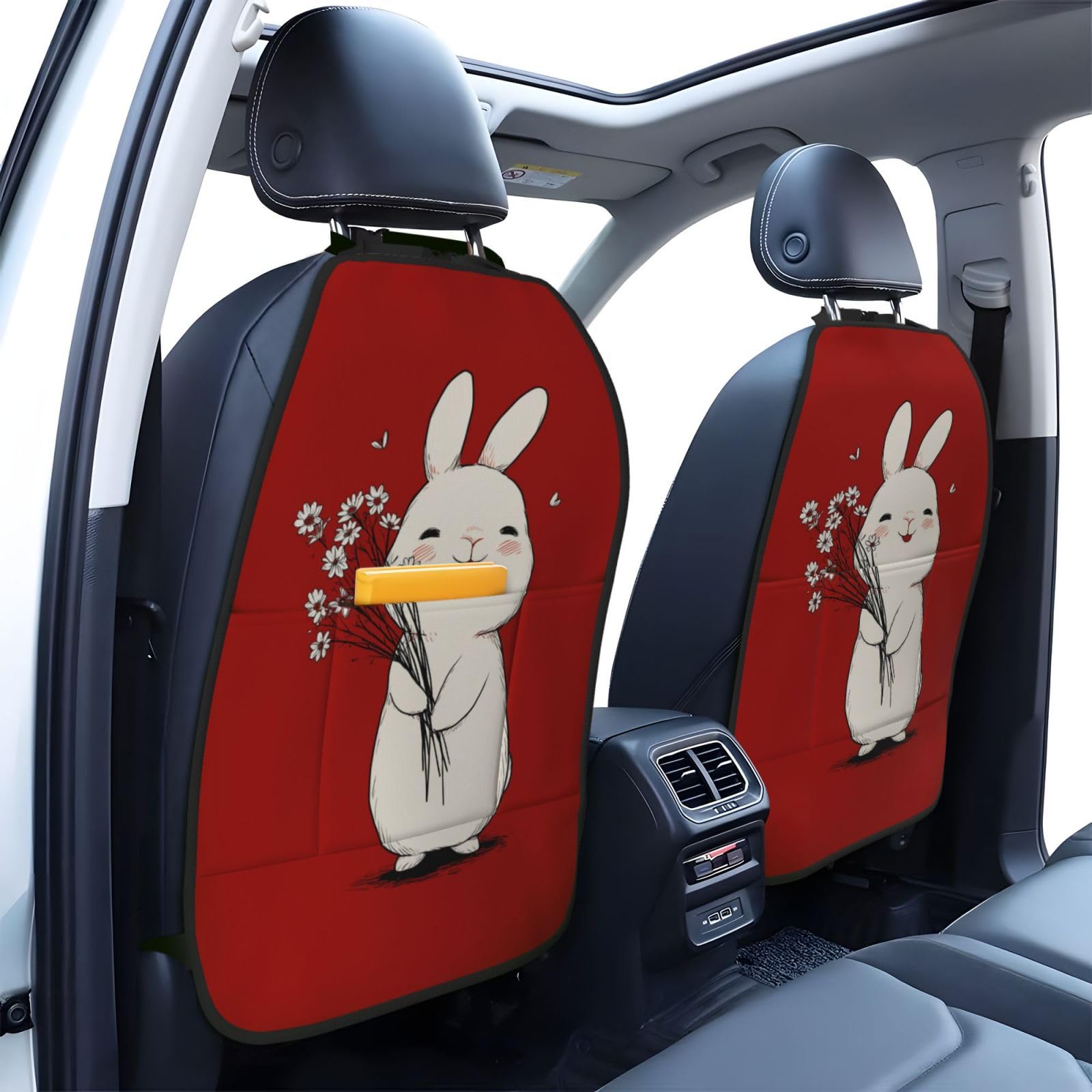 Cute White Bunny Holding Flowers Car Seat Back Kick Protectors,2 Pack Kick Mats with Storage Pockets for Vehicles to Protect from Dirt Mud Scratches