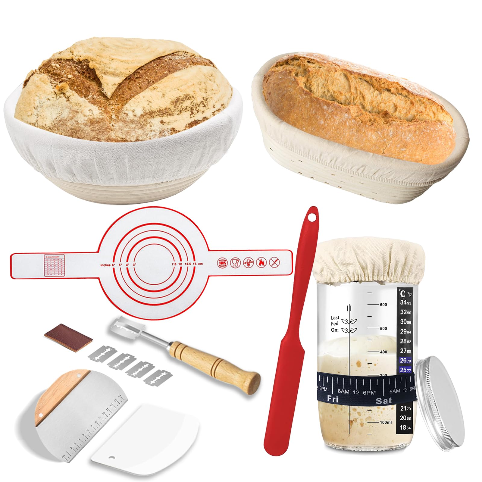 vohoritSourdough Starter Kit,Sourdough Bread Baking Supplies Includes 2PCS Bread Proofing Baskets and 24 OZ Sourdough Starter Jar Kit (10 Inch Oval & 9 Inch Round)