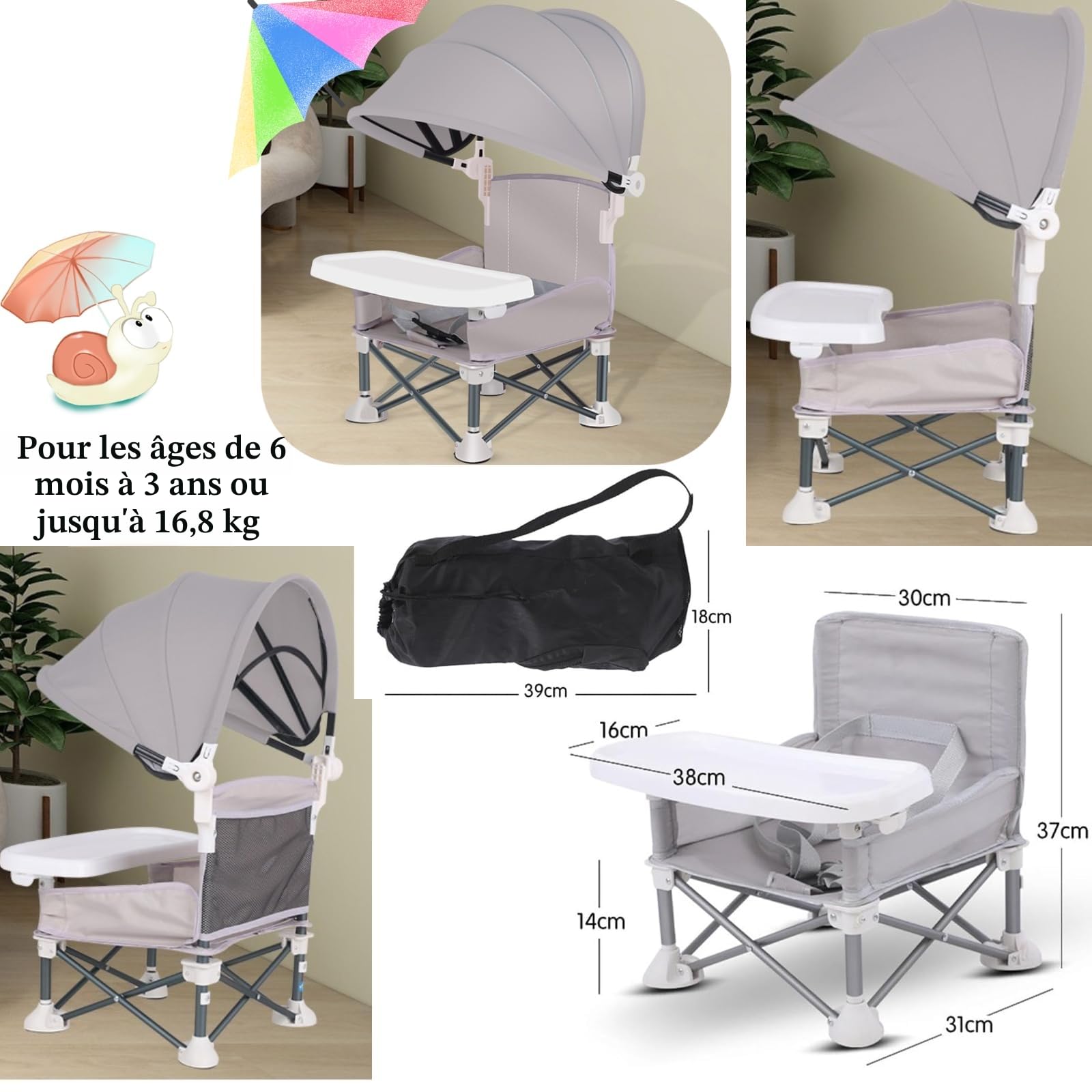 Little Bean Rehausseur Chaise Pliable Et Portable Pour Bebe Enfants Avec Plateau Amovible Pour Voyage et Repas Siège Pour Intérieure/extérieure (Beige)