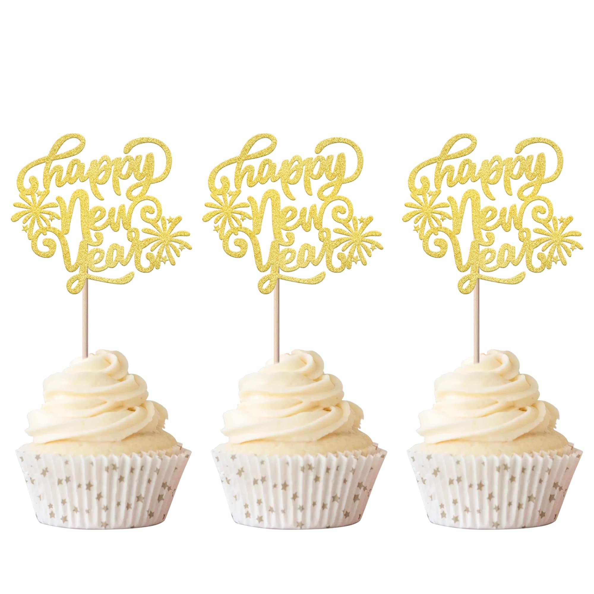 Cupcake-Aufsätze „Happy New Year 2025“ – 30 Stück, Gold – Mit Mitternachtsuhr, Feuerwerk Motiven – Für Silvester-Party & Kuchen-Dekoration