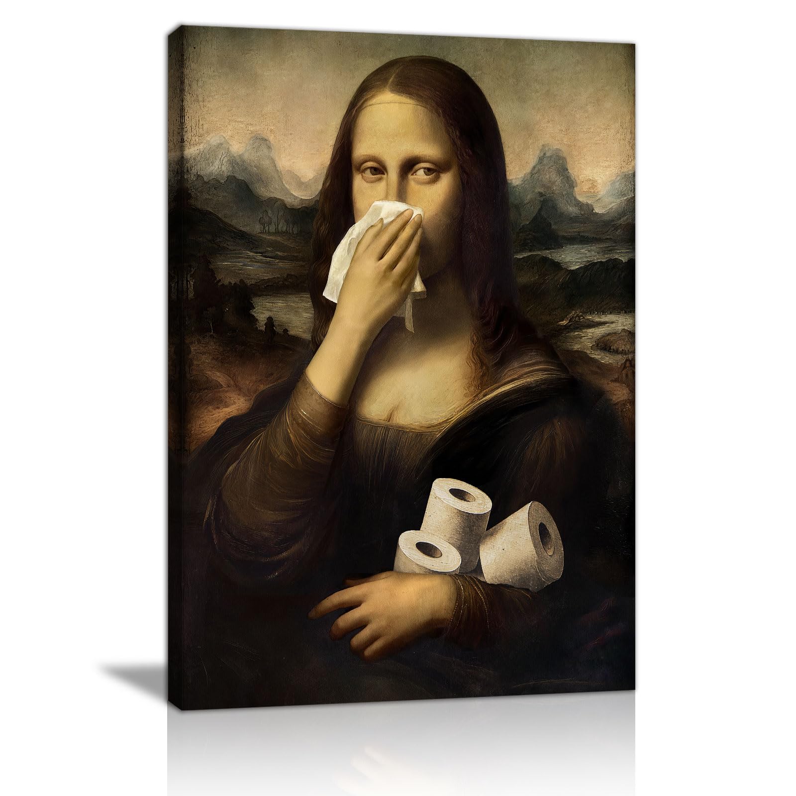 Funny Mona Lisa Bathroom Framed Canvas Wall Art Pinching Nose Wall Decor Mona Lisa Classical Canvas Painting Humor Amusing Toilet Vintage Whimsical Poster Art Print Picture for Bathroom 40X60cm