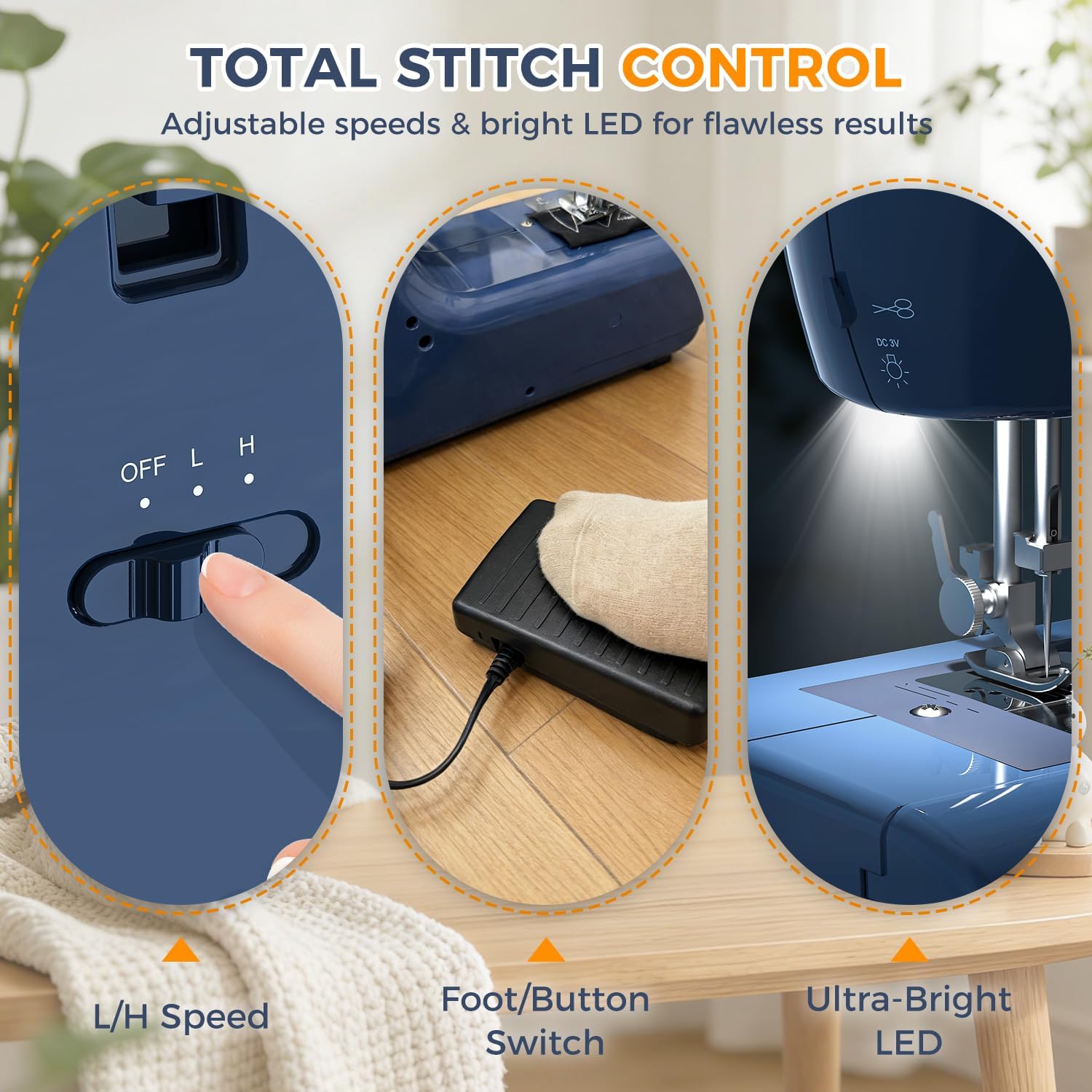 Sewing Machine for Beginners & Adults, 16 Built-in Stitches, 12V 24W Motor, Free Arm, Top Drop-In Bobbin, Dual Speed Foot Pedal, LED Light & Accessories Kit