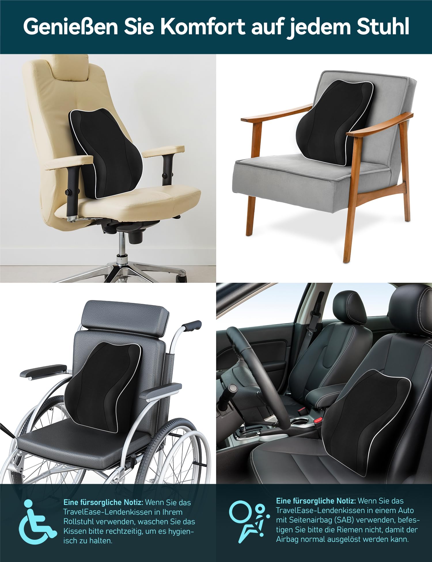 Travel Ease Ergonomisches RückenKissen aus Memory Foam, Lendenkissen für Bürostuhl, Schreibtischstuhl, mit Antistatischem, hautfreundlichem Bezug und für eine Bequeme Sitzhaltung (Schwarz)