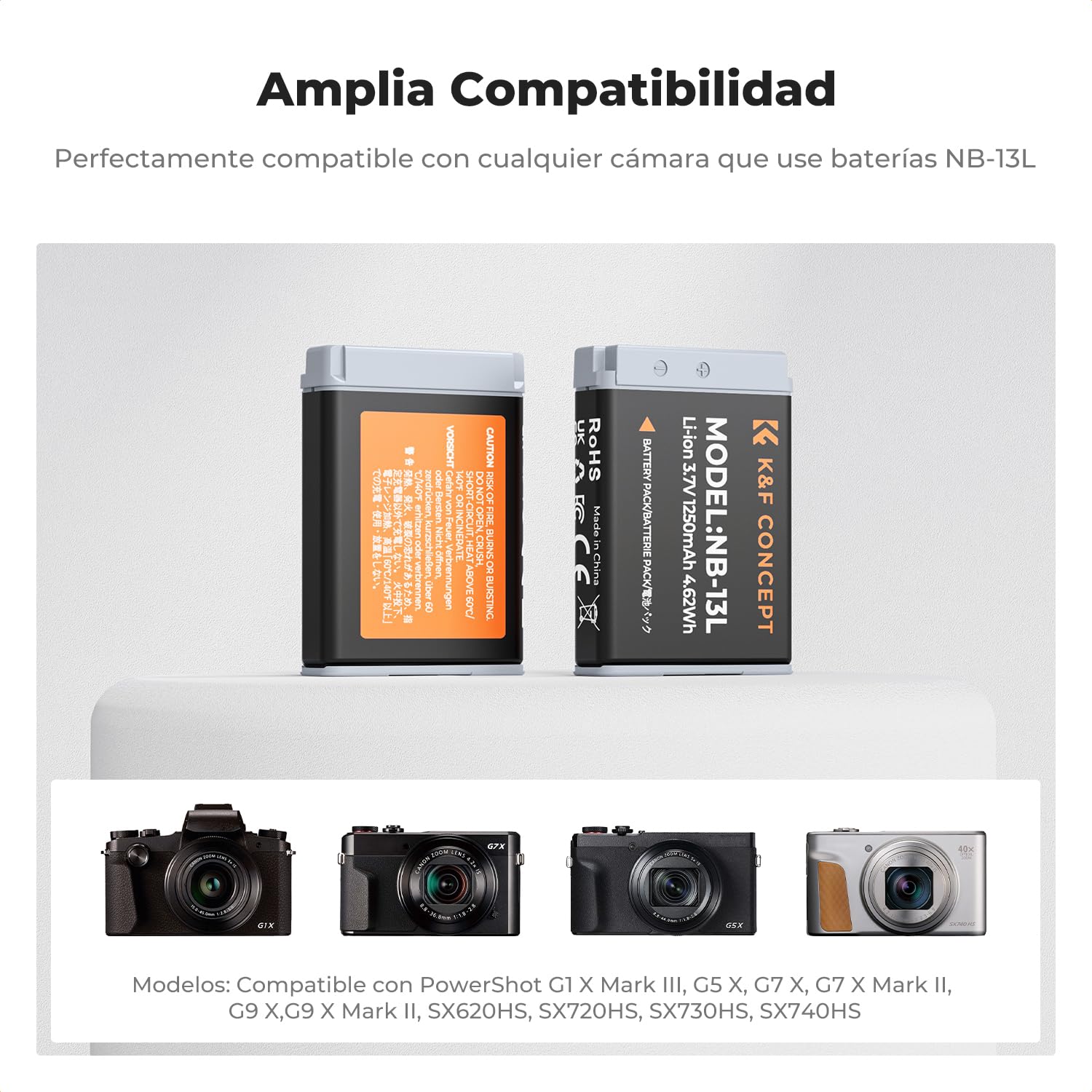 K&F CONCEPT NB-13L Batería de Repuesto 2-Pack con Cargador LCD Dual Slot, Compatible con Cámaras Canon EOS G7X3/G7X2/G9X/G5X/SX720HS