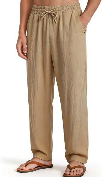 Mens Casual Pants Elastic Waist with Drawstring Loose Fit Beach Summer Trousers for Travel and Lounge Wear