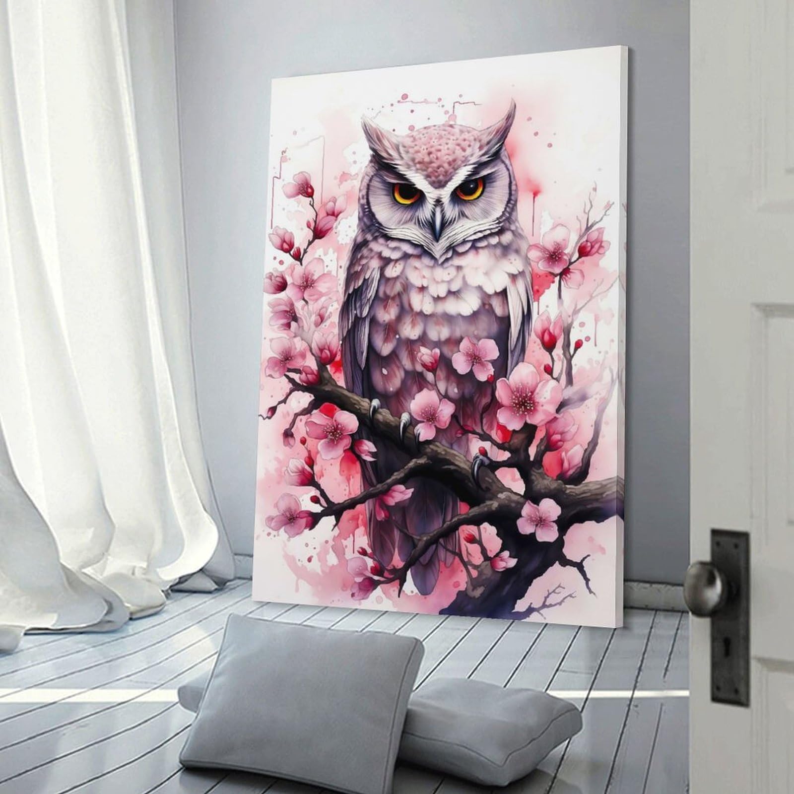 Junmoney Frame-Style-22-1 Canvas Wall Decor Cherry Blossom Owl, 20X30inch(50X75cm), For Lounge Decor, Bedroom Walls Or Flats, Eye Catching Artwork For Blank Walls