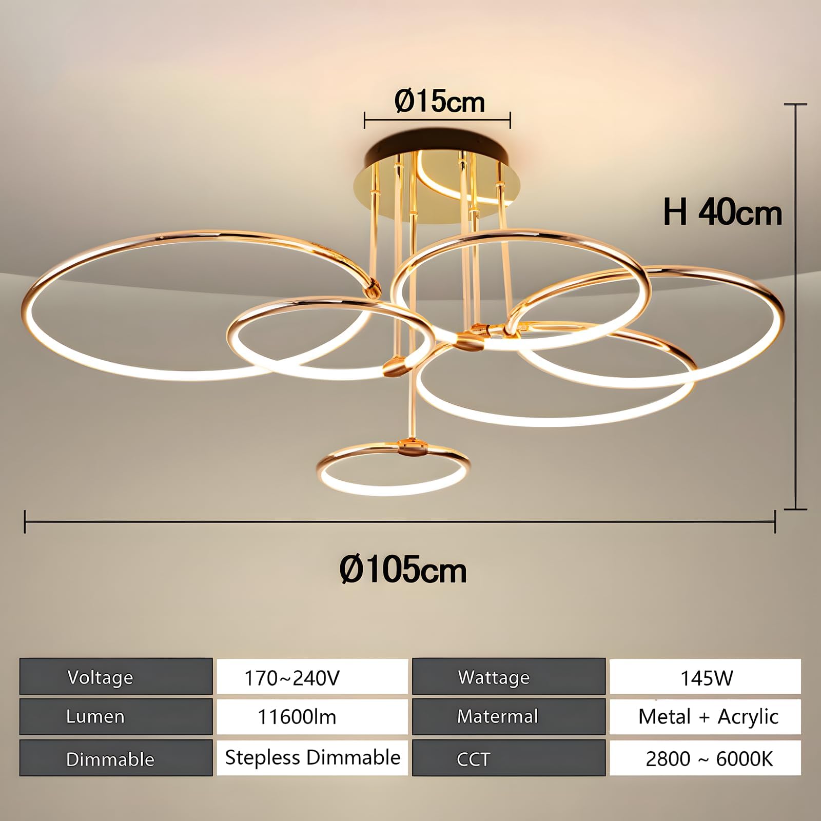 LED Plafoniera, Ø105cm Lampadario Cerchio In Metallo Dorato, 145W Dimmerabile Continuo 3000-6000K, Lampadario Rotondo Moderno In Placca Camera Letto Soggiorno Bambini Ufficio Studio (6 Anelli)