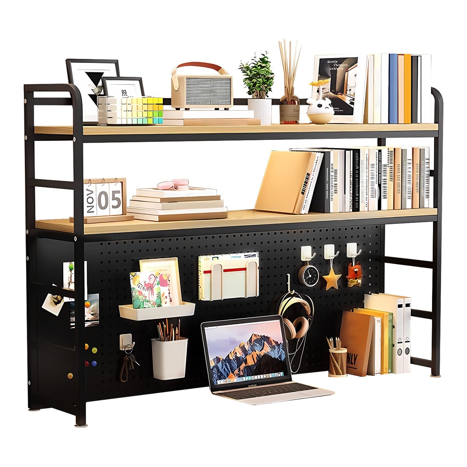 Fpigshs Black Desk Hutch Shelf Dorm 2 Tier Countertop Desktop Bookshelf With Pegboard,Metal /Mdf Desk Top Bookcase For Computer Desk, Desk Storage Organizer Rack For Office Home Dormitory(,110Cm/43.3In)