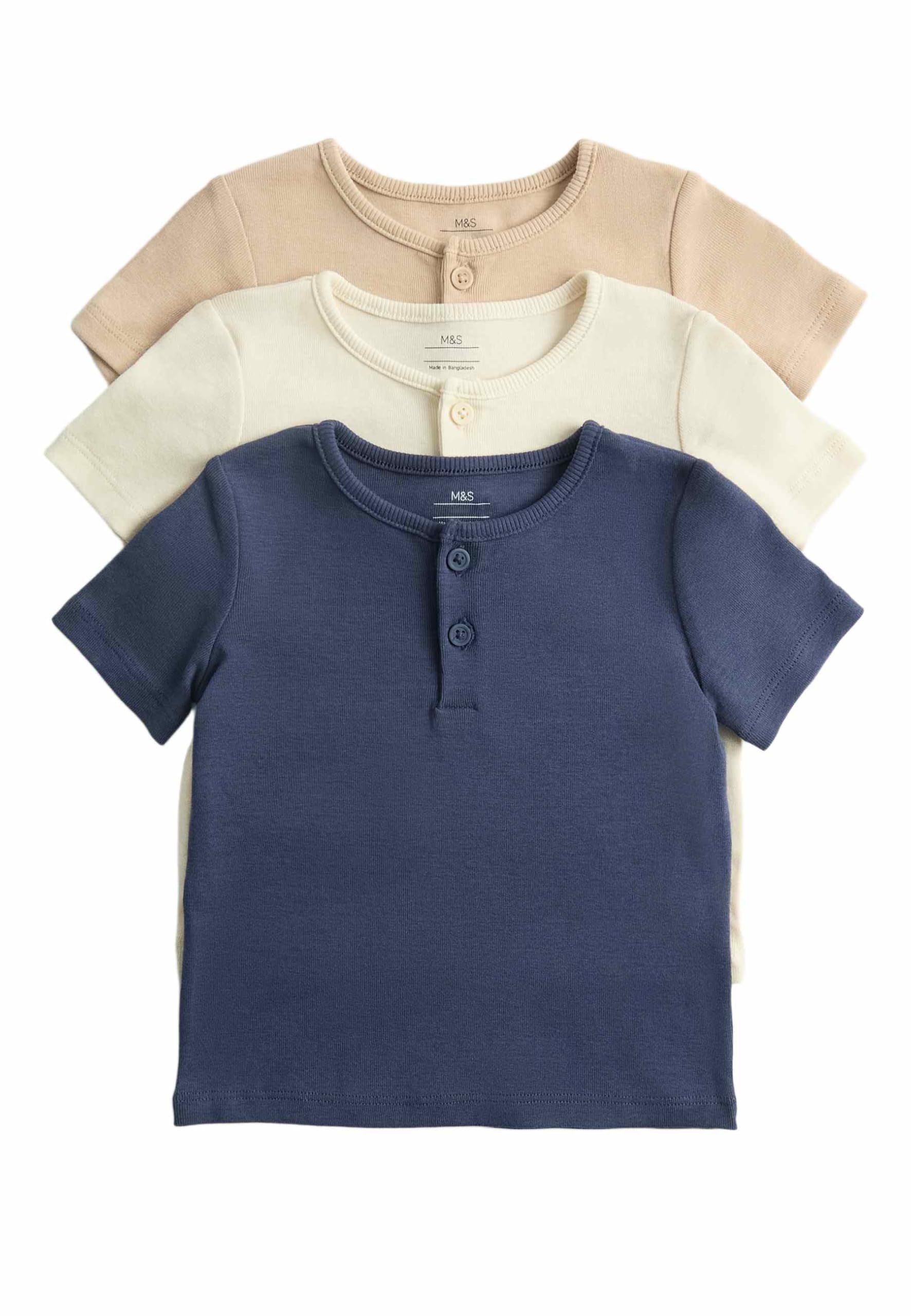 Marks & Spencer Baby Unisex Baumwolle Hemd 3er-Pack Regular | Ärmellänge: Kurzarm, Rundhalsausschnitt, Ohne Kragen, Zum Reinschlüpfen, Leicht
