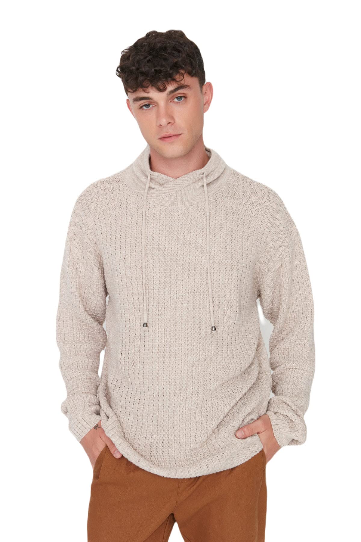 Trendyol Man Regular Basic Turndown Collar Knitwear Sweater Beige