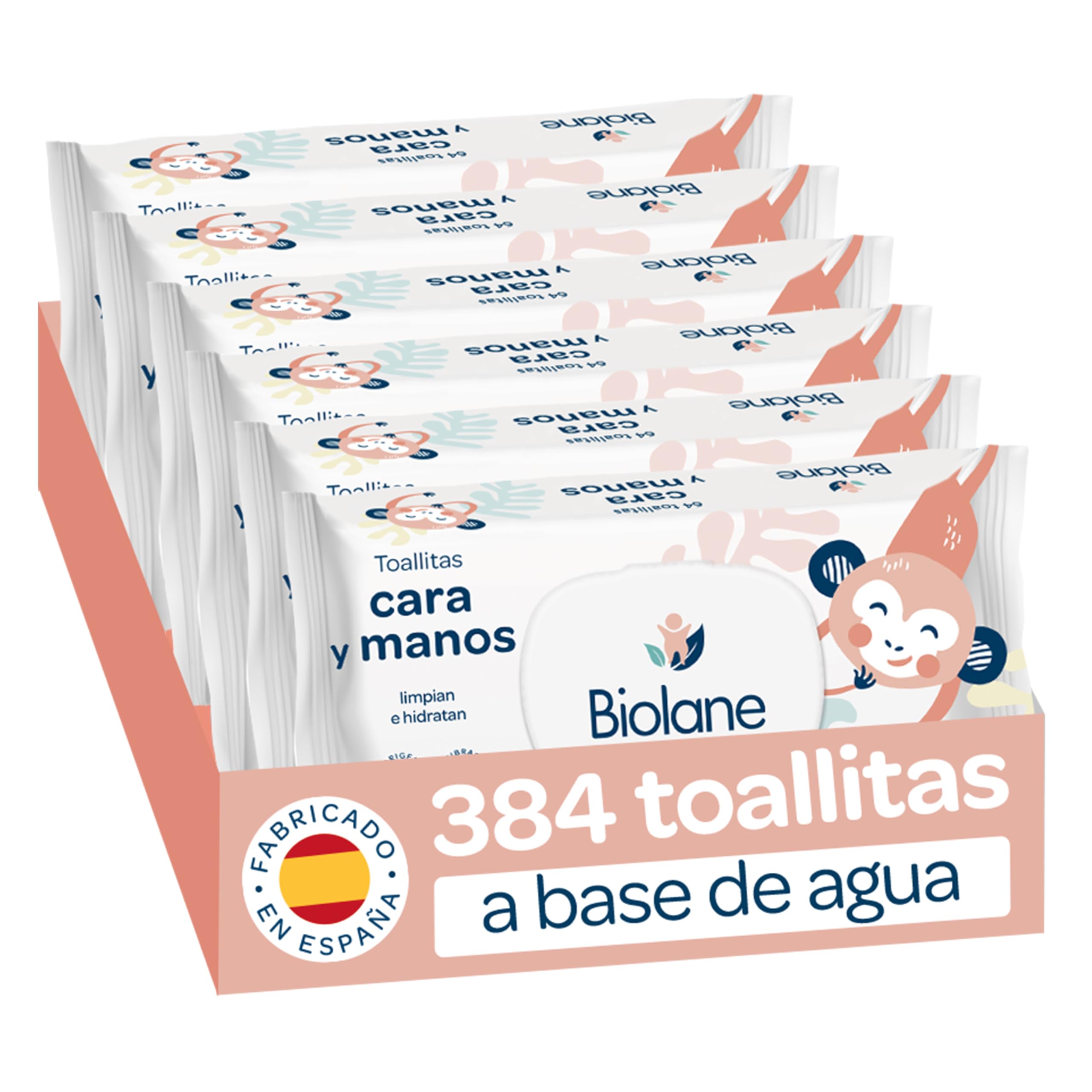 Biolane - Toallitas Cara y Manos Bebé, 384 Toallitas (6 Paquetes de 64 Unidades), 97% Ingredientes Naturales, Con Tapa, Sin plástico, Limpian e Hidratan, Bebés y recién nacidos, Fabricadas en España