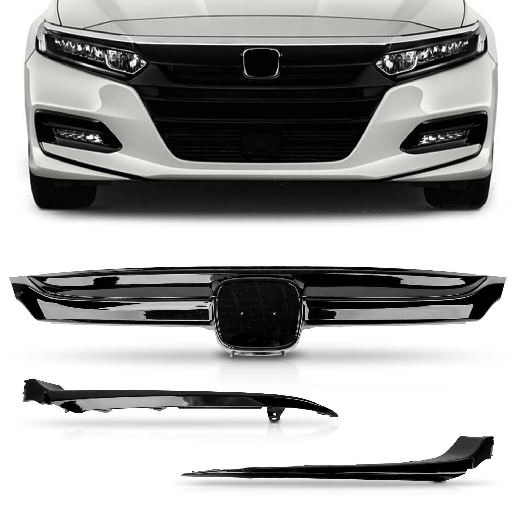 PartsFlow Front Bumper Grille Upper Grill With Trim Glossy Black Sport Style For 2018 2019 2020 Honda Accord