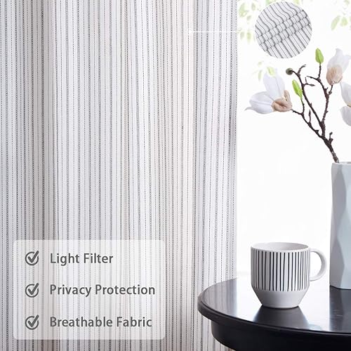 Miniatura 5 de SXZJTEX Cortina de rayas azules y blancas para sala de estar, cortinas rústicas verticales de lino transparente de 108 pulgadas de largo para