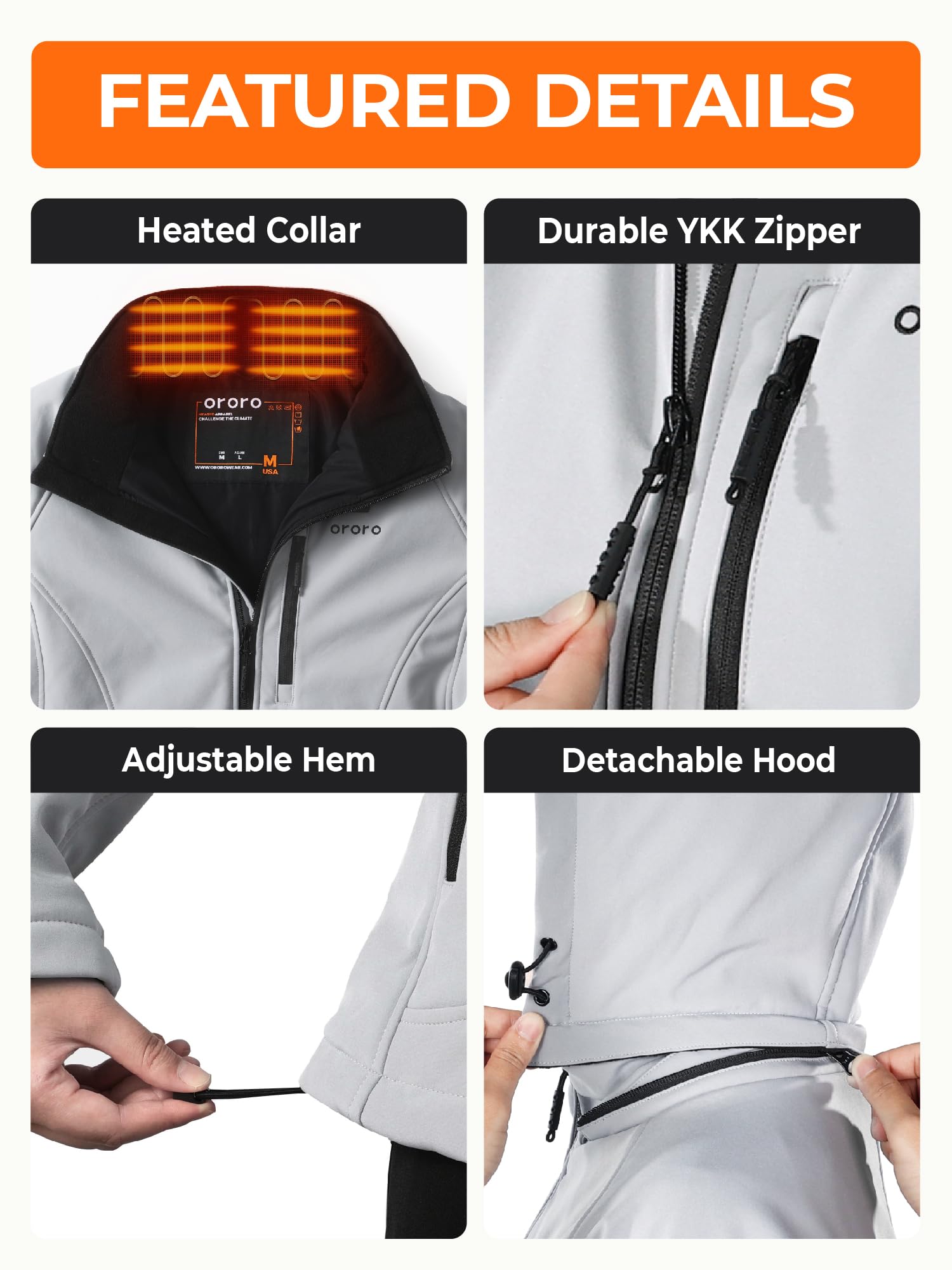 ORORO Womens Classic Heated Jacket Water Resistant Heated Coat | Heated softshell jacket with collar heating battery included machine washable detachable and adjustable hood product thumbnail 7