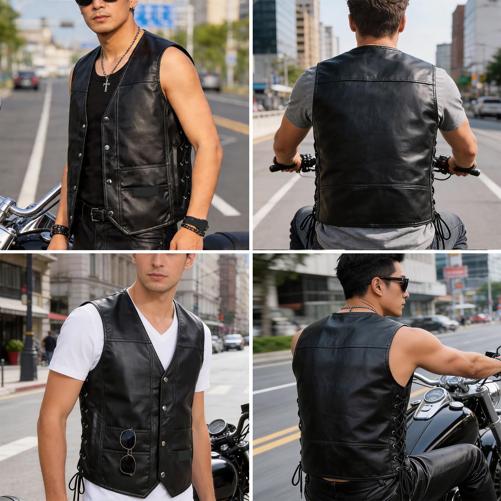 ARMAAN Gilet Da Uomo In Similpelle Nera, Senza Maniche, Stile Biker, Con Lacci Laterali Regolabili E Tasche, Gilet Effetto Pelle Con Scollo A V, Stile Motociclista