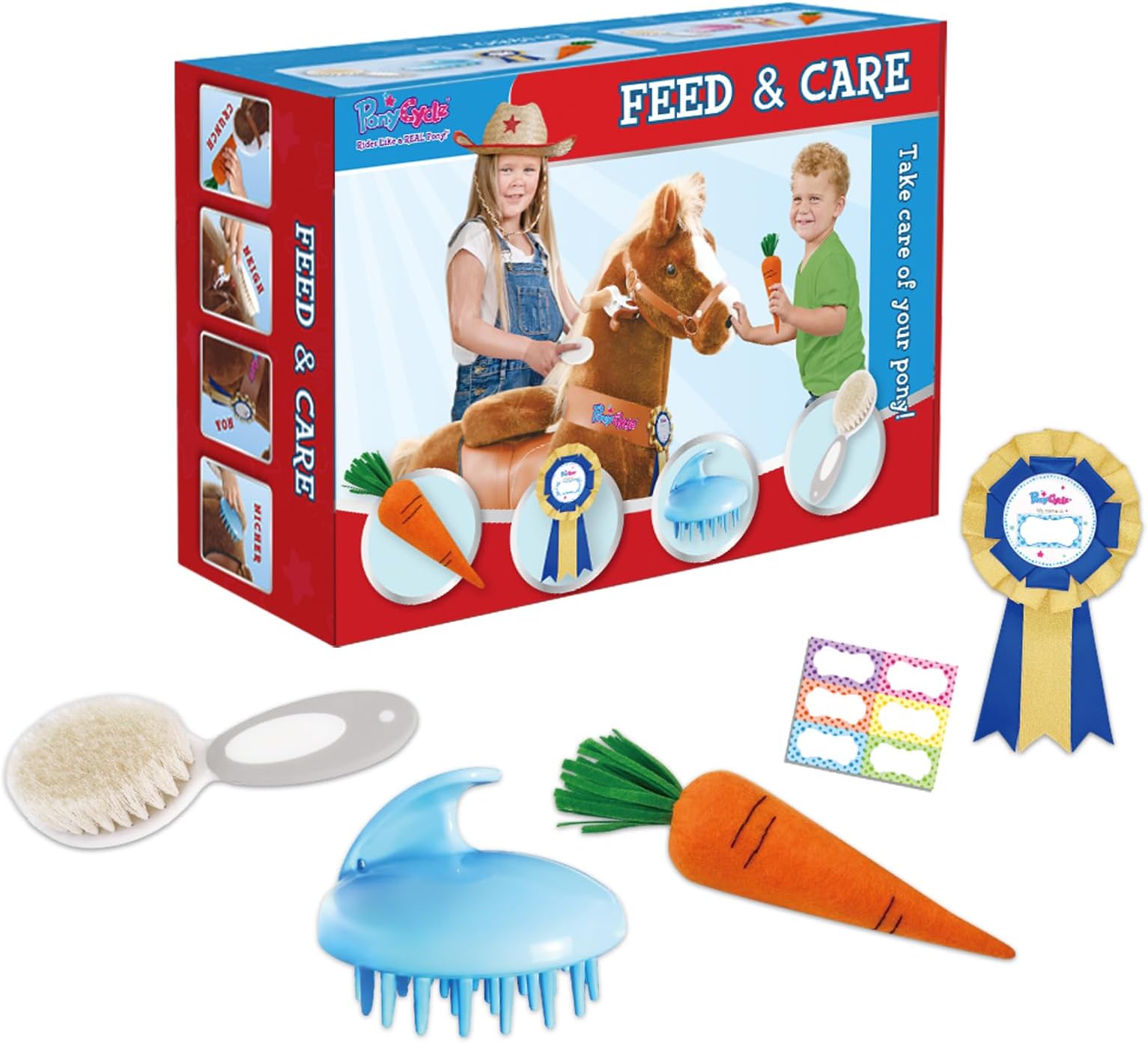 PonyCycle Horse Pony Toys Feed & Care Grooming Kit, 5 Piece Assortment. Groming Brush, Pet Brush, Carrot, Sticker, Name Tag for Boys and Girls, for Model E, U and Model X