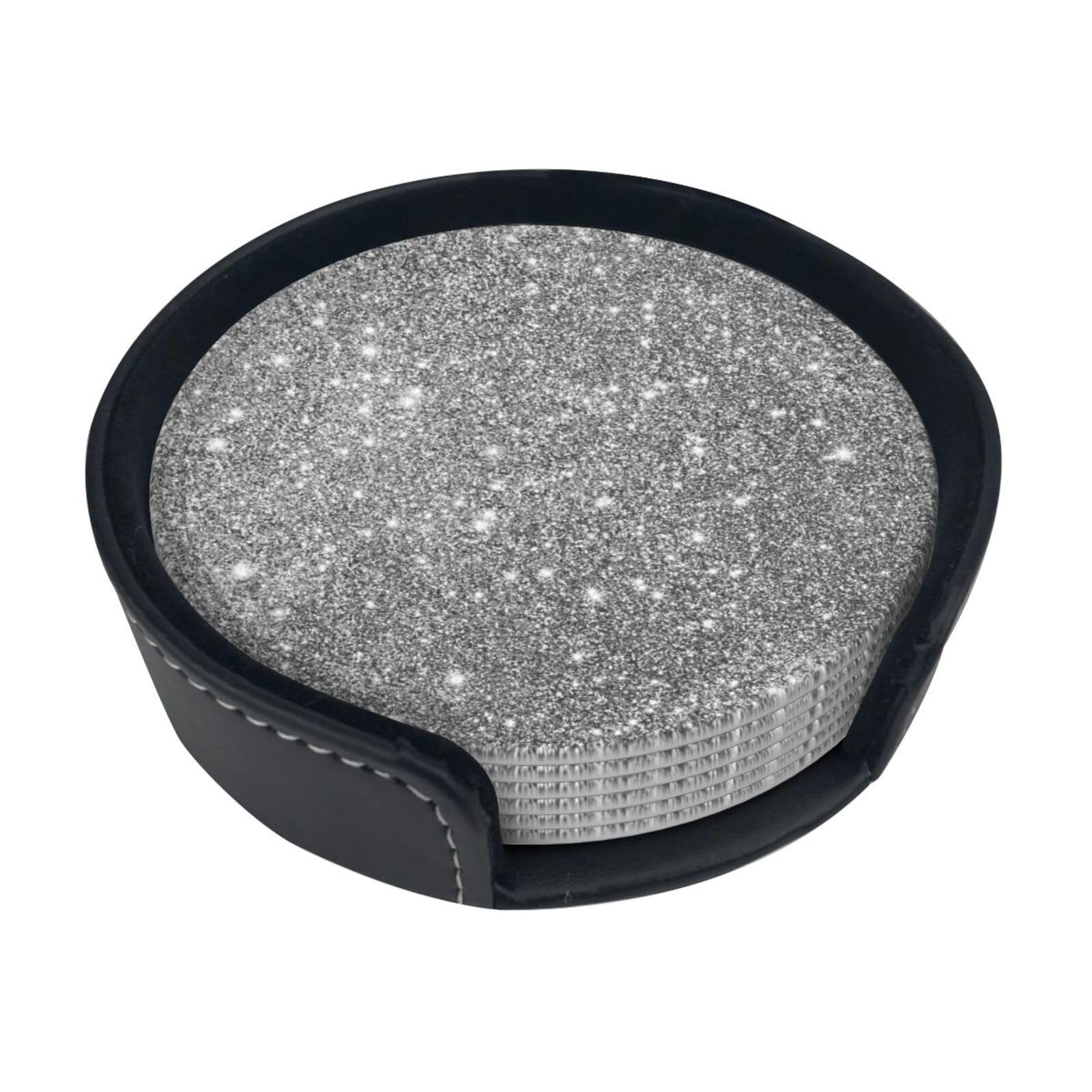 Poadnly As Picture Silver Glitter Sparkles,Set Of 6 Round Coasters, Pu Leather Drinks Coasters With Holder For Home Office Kitchen