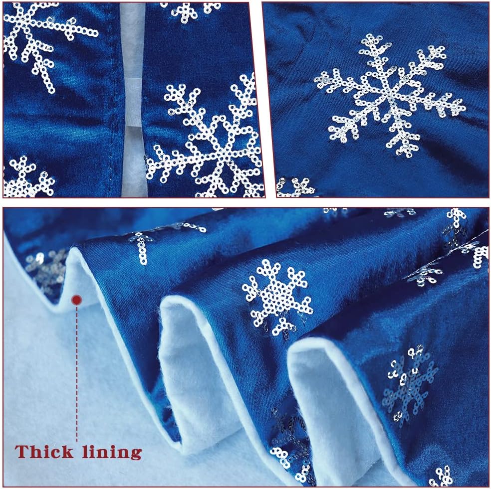 Bunny Chorus Christmas Tree Skirt, 36 inches Blue Mercerized Velvet Skirt with Silver Sequin Snowflake for Rustic Xmas Tree Holiday Decorations