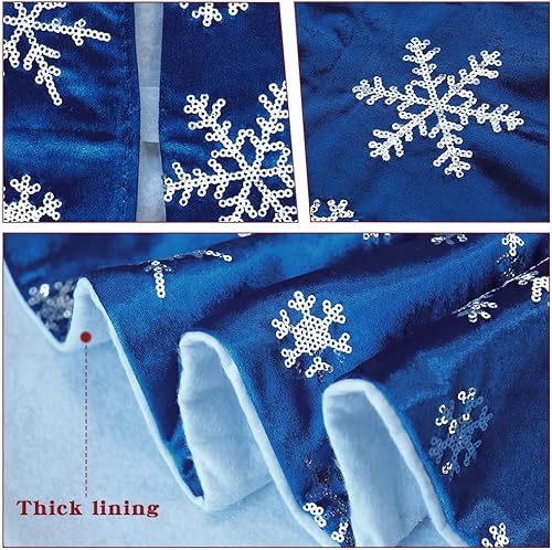 Miniatura 4 de Falda de árbol de Navidad, 36 pulgadas, falda de terciopelo mercerizado azul con copos de nieve de lentejuelas plateadas para decoraciones rústicas