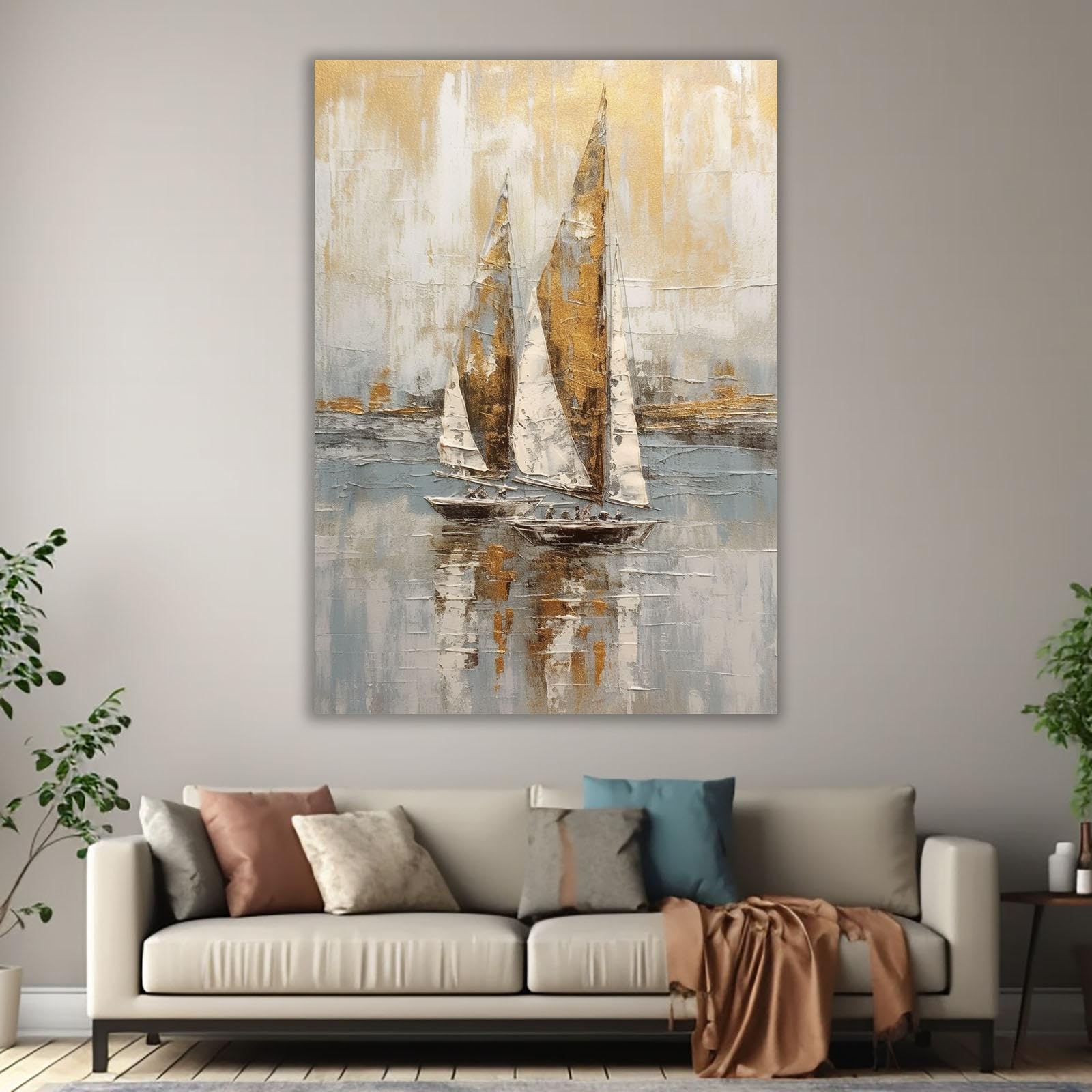 RONGCH Stampe su Tela per pareti Poster Vintage con Paesaggio Marino, Barca A Vela, Spiaggia Costiera, Le Onde Impetuose, Dipinto su Tela, Decorazioni per La Casa(M,50x70cm