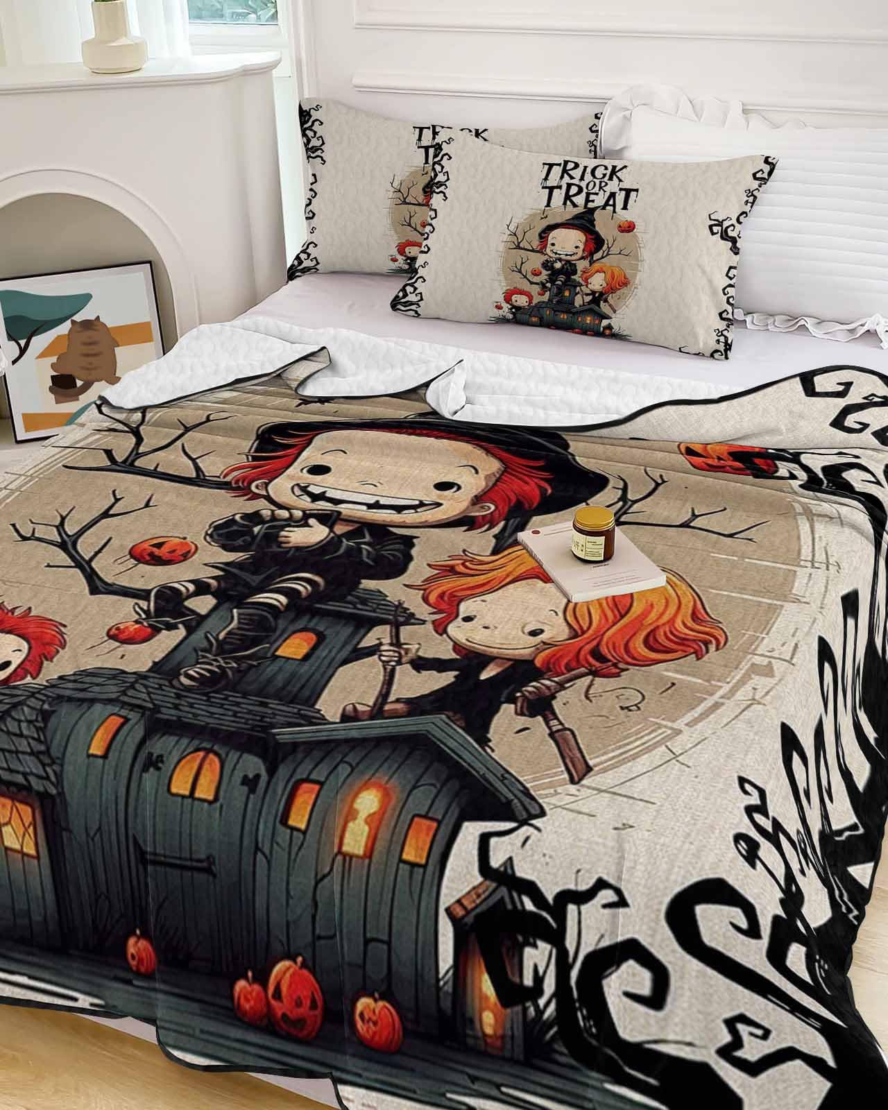Wowouhiya Full Quilt Sets, Halloween Lightweight Bedspreads with 2 Pillow Shams, Trick or Treat Children Pumpkin Black Branches Soft Summer Bed Coverlets 3 Pieces Bedding Set for All Season