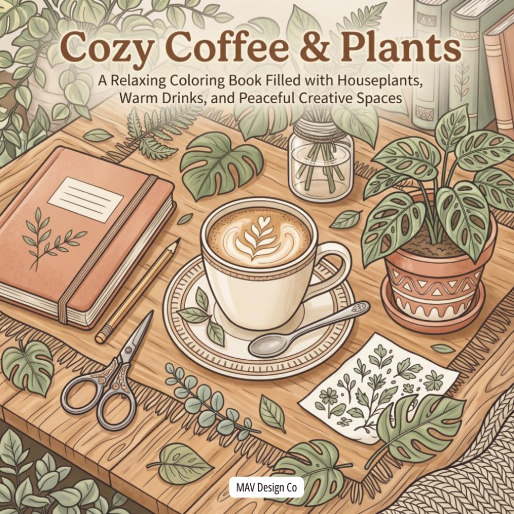 Coffee & Plants A Relaxing Coloring Book Filled with Houseplants, Warm Drinks, and Peaceful Creative Spaces Featuring Hygge Vibes, Botanical Corners ... Lovers, Coffee Lovers, and Cozy Coloring