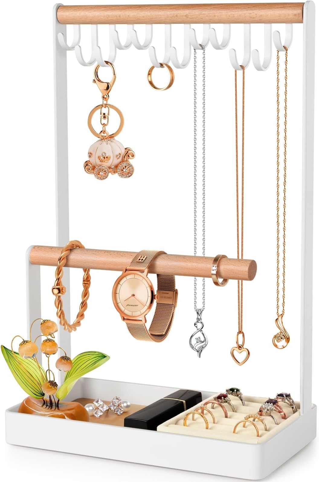 PAMANO Jewelry Organizer Necklace Stand, 3-Tier Jewelry Stand Wooden Ring Earring Tray, 12 Hooks Bracelet Hanging Display Rack for Earrings Rings Watches Storage