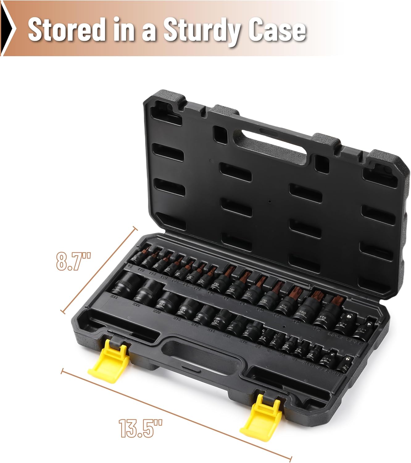 Bates- Torx Bit Socket Set & E Torx Socket Set, 31 pcs, Cr-V Steel, Star T8-T70, E4-E24, 1/4", 1/2" & 3/8" Adaptors & Reducers