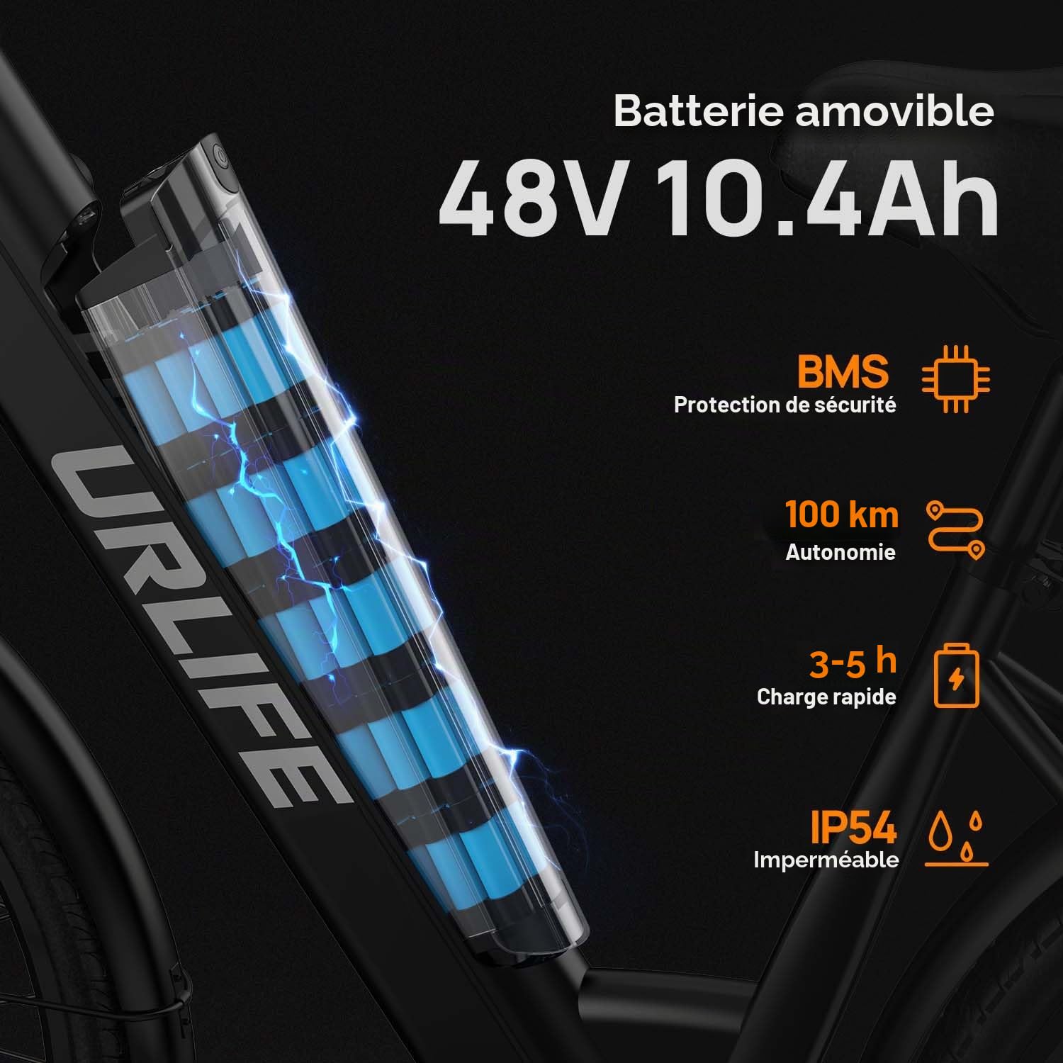 URLIFE Vélo Électrique, 26" Électrique avec Batterie au Lithium Amovible 48V 10.4Ah, Vélo de Montagne Electrique avec 7 Vitesses, Moteur 250W, Autonomie 80-100km pour Adulte (Noir)