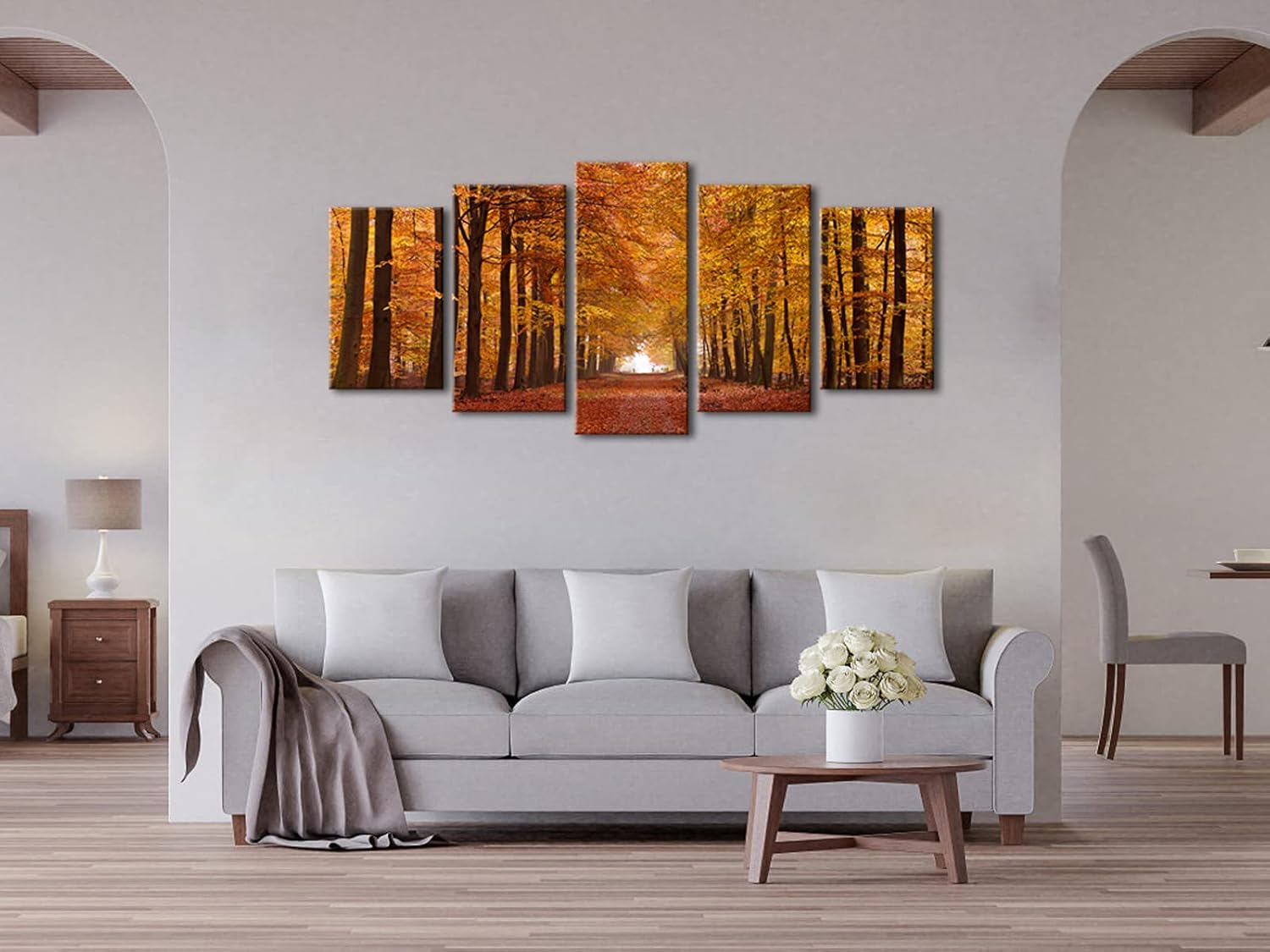 Wieco Art Autumn Forest Giclee Canvas Prints Canvas Wall Art Paintings for Living Room Bedroom Home Office Wall Decorations Modern 5 Piece Stretched and Framed Landscape Trees Pictures Artwork