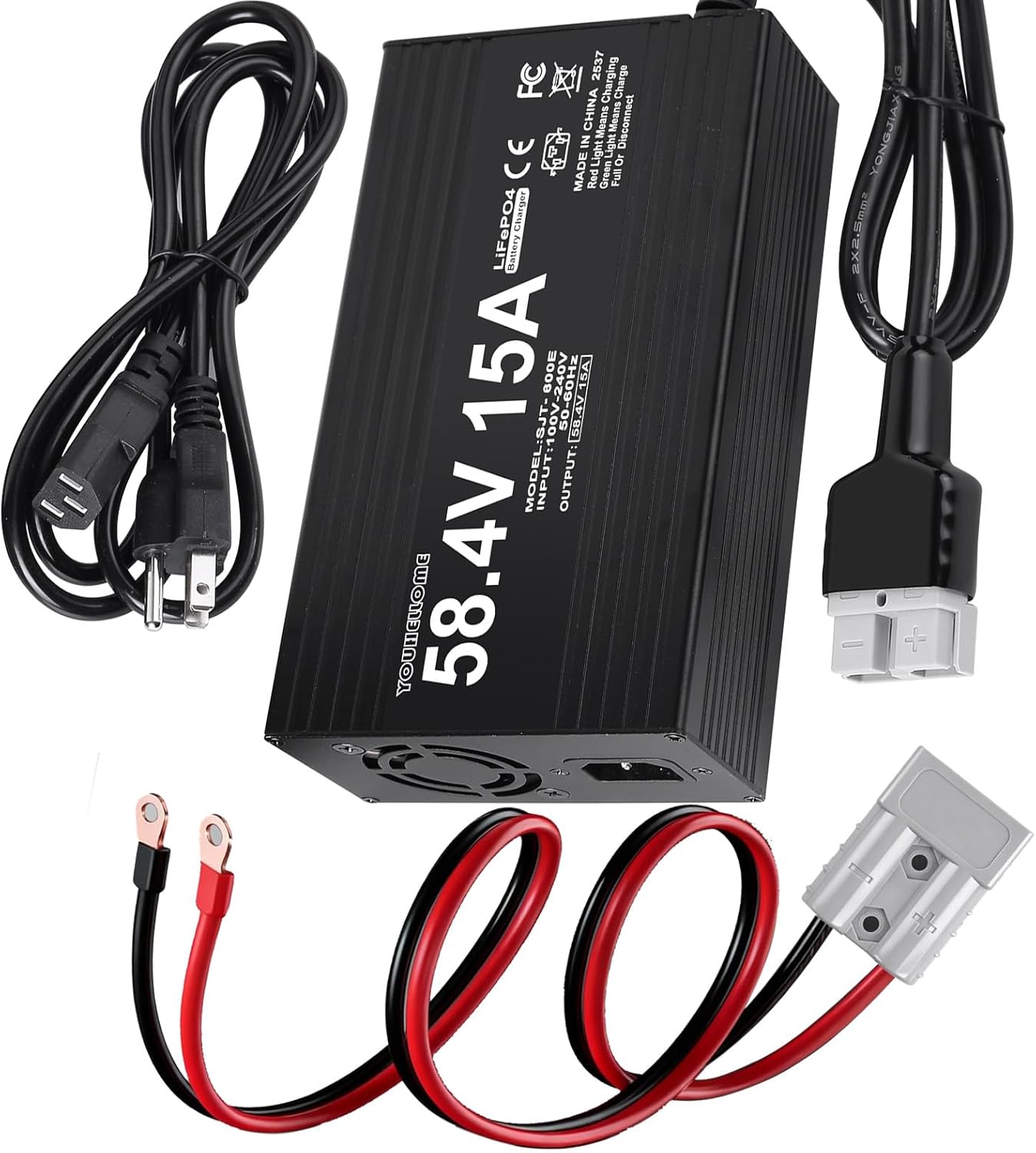 48 Volt/58.4V 15A LiFePO4 Battery Charger for 48V/ 51.2V Lithium Battery for Golf Cart,Cars,Forklift,Outboard,Boat, Solar,RV,Off-Grid, Home Solar Bank with Anderson Connector(M8 Rings) LED Indicator