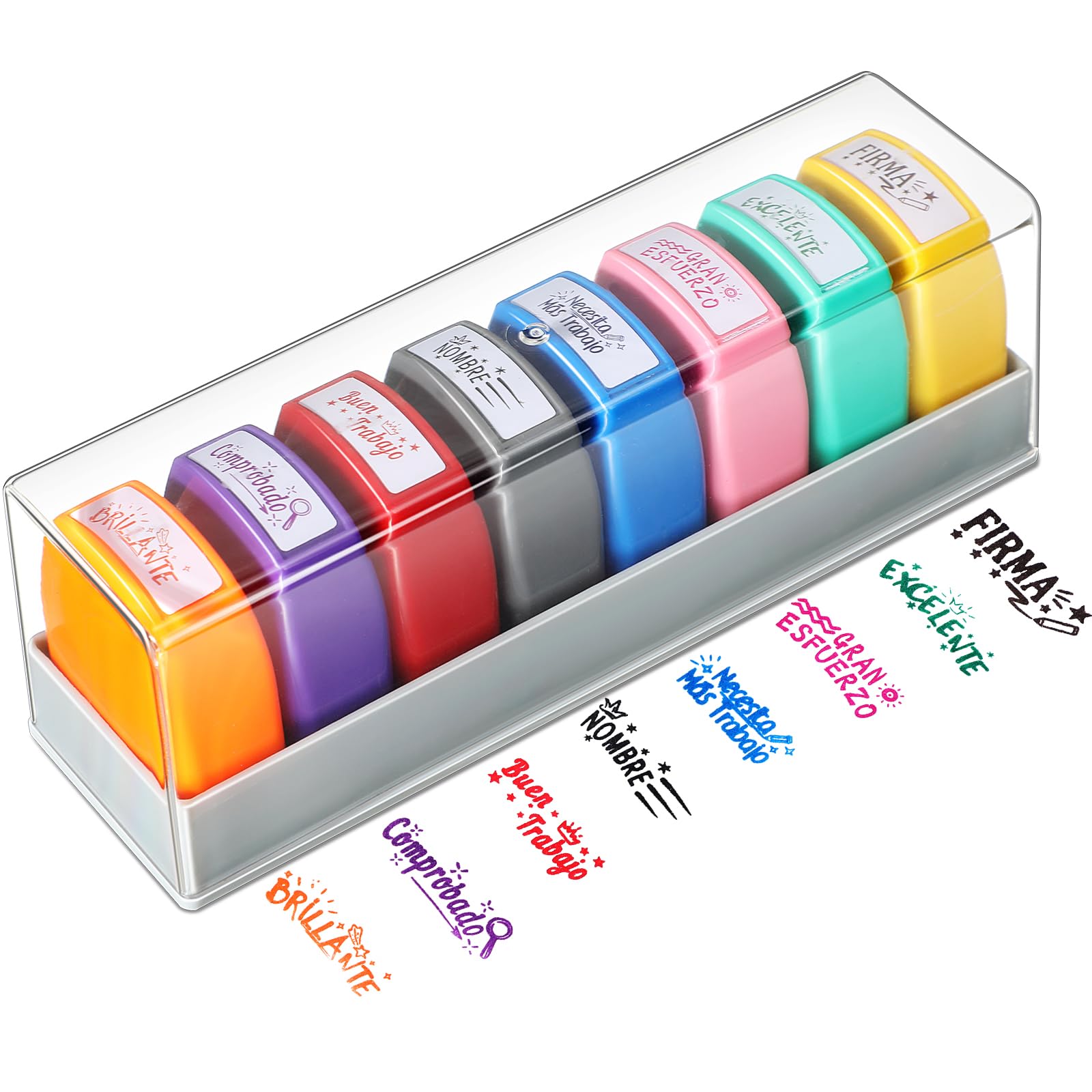 Chivertion 8 Pcs Spanish Teacher Stamps for Classroom Self Inking Grading Stamps Gifts Motivation Teacher Stamp for School Elementary Kid Signature