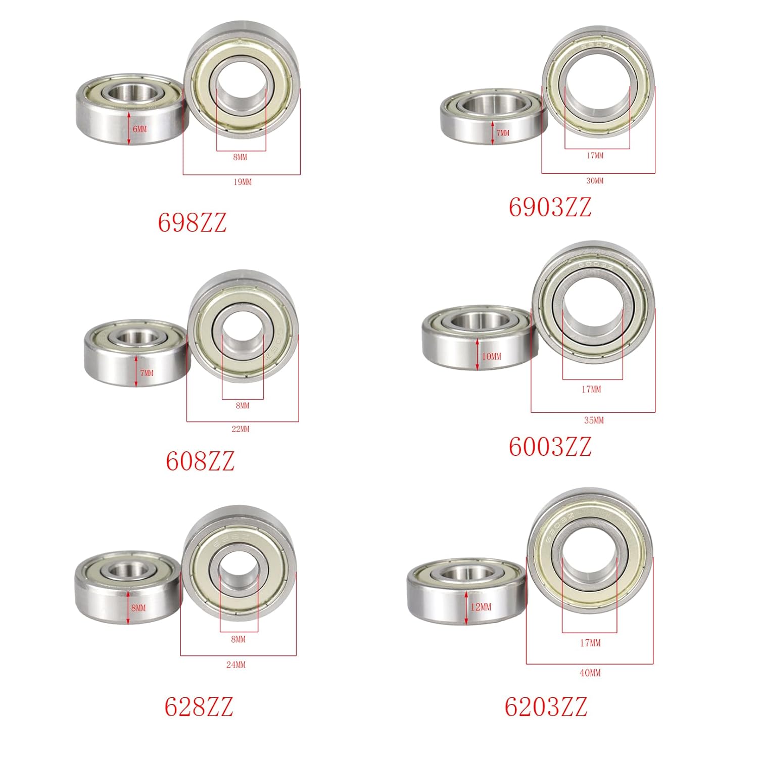 Ball Bearings Kit, 4PCS 6203ZZ, 4PCS 6003ZZ, 4PCS 6903ZZ, 8PCS 628ZZ, 8PCS 608ZZ, 8PCS 698ZZ, ABEC-5, Z3V3 Level, Suitable for Various Precision Machinery, 3D Printers, appliances, and Power Tools