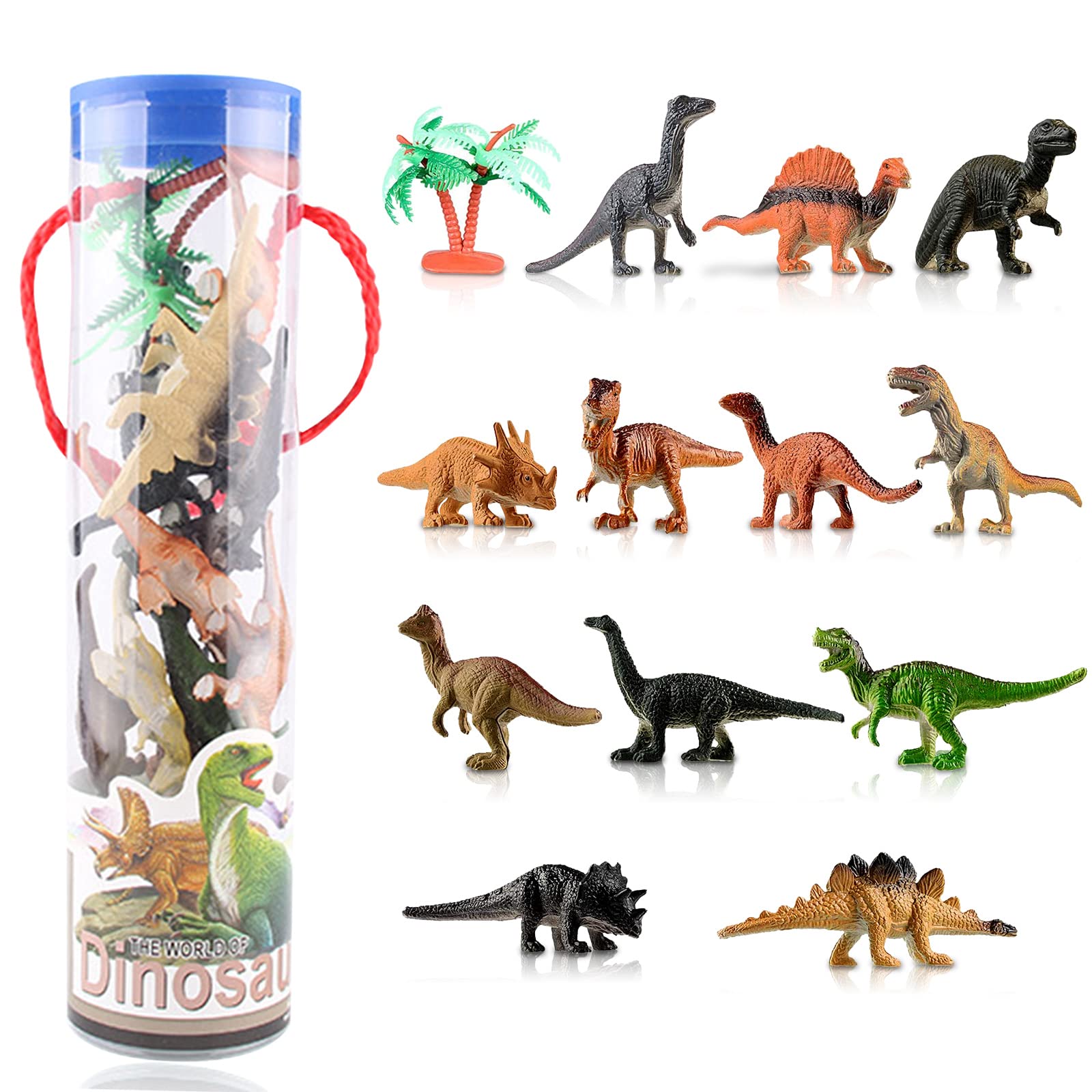12 Piece Mini Dinosaurs Play Set with Storage Bucket, Realistic PVC Dinosaurs, Birthday Party Gift, Desktop Ornament, For Boys And Girls Of All Ages