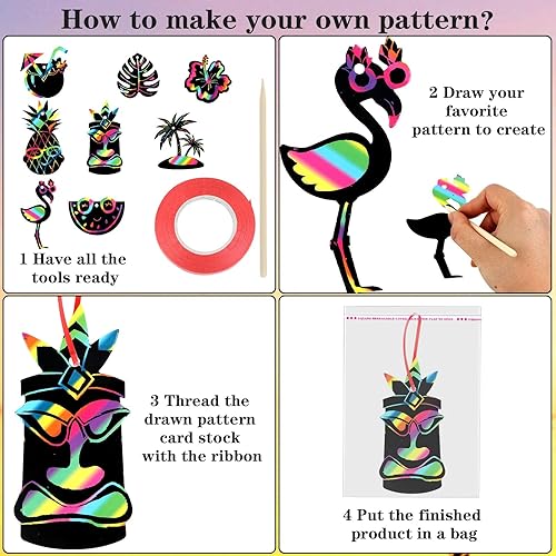 Miniatura 3 de Droutti Juego de 64 tarjetas de rascar temáticas hawaianas, arte mágico arco iris, flamenco, piña, playa, coco, juego de arte de papel para rascar