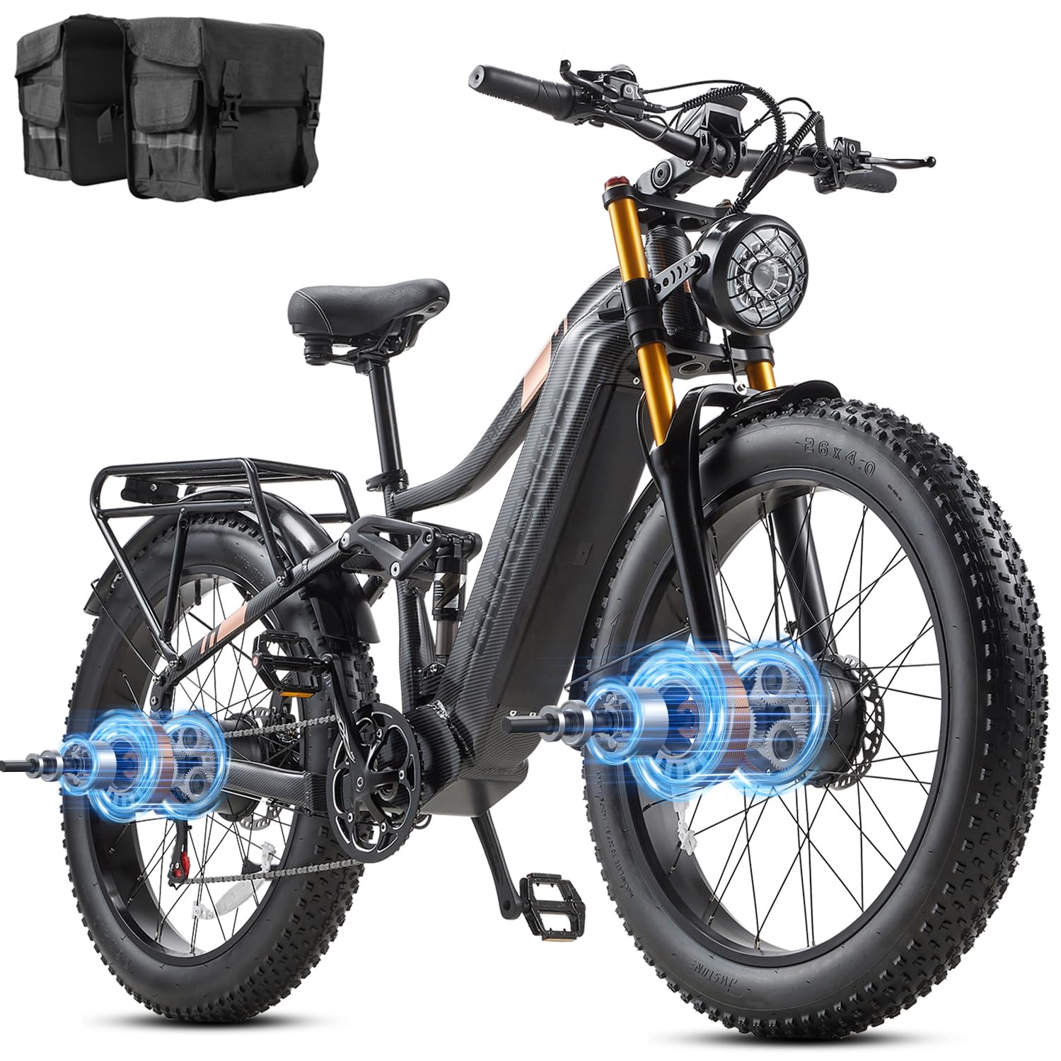 Electric Bike for Adults Dual Motor 2000W/1000W 48V 60Ah/30AH/20Ah Long Range ebike Removable Battery 26" Fat Tire Off Road Mountain Full Suspension Electric Bicycle,Dual Hydraulic Brakes,32mph/30mph