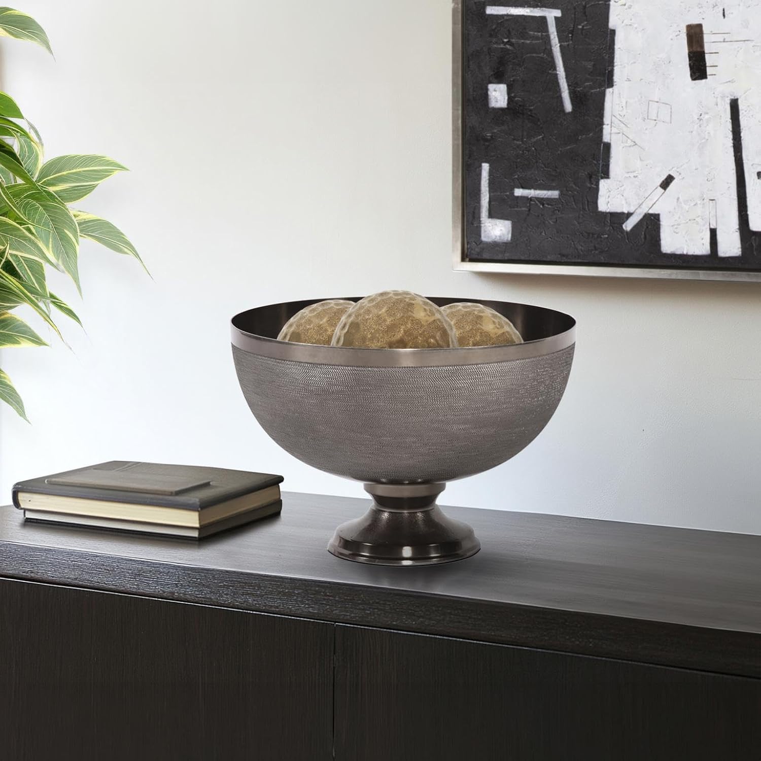 Howard Elliott Collection Textured Aluminum Footed Decorative Bowl, Chiseled Crosshatch Metal Accent for Table, Shelf or Console Display, Removable Base Design, 12x12x8 Inch, Smoke Black