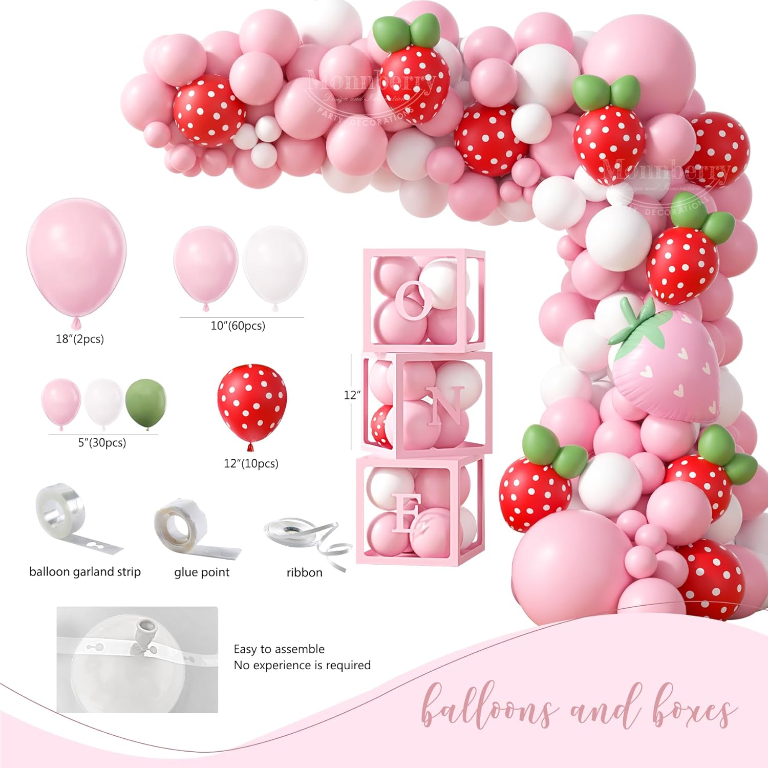 Berry First Birthday Decorations for Girls, Strawberry 1st Birthday Sweet One Party Supplies, Baby Girl First Bday Decor with Balloon Garland Arch Kit, Highchair Banner, Backdrop, ONE Boxes