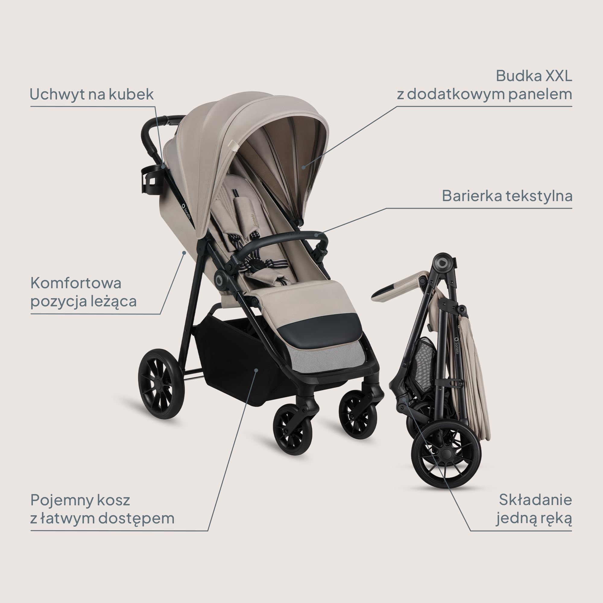 Lionelo Emerald Buggy do 22 kg, 6 miesięcy – 4 lata, koła EVA 360° ze sprężyną, składane jedną ręką, powierzchnia do leżenia 91 cm z regulowanym oparciem, wodoszczelny daszek UPF50+, duży koszyk na