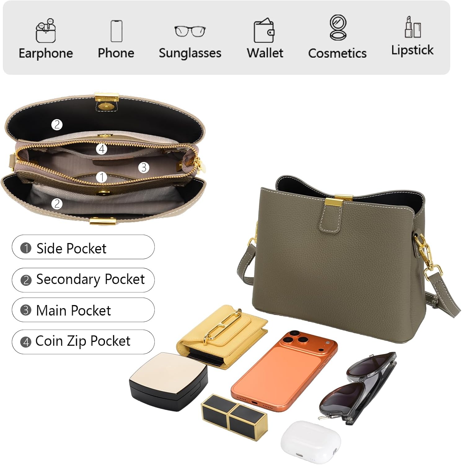 Genuine Leather Bucket Bag for Women Fashion Handbags Top-handle Crossbody Shoulder Bag with 3 Style Straps for Work Travel