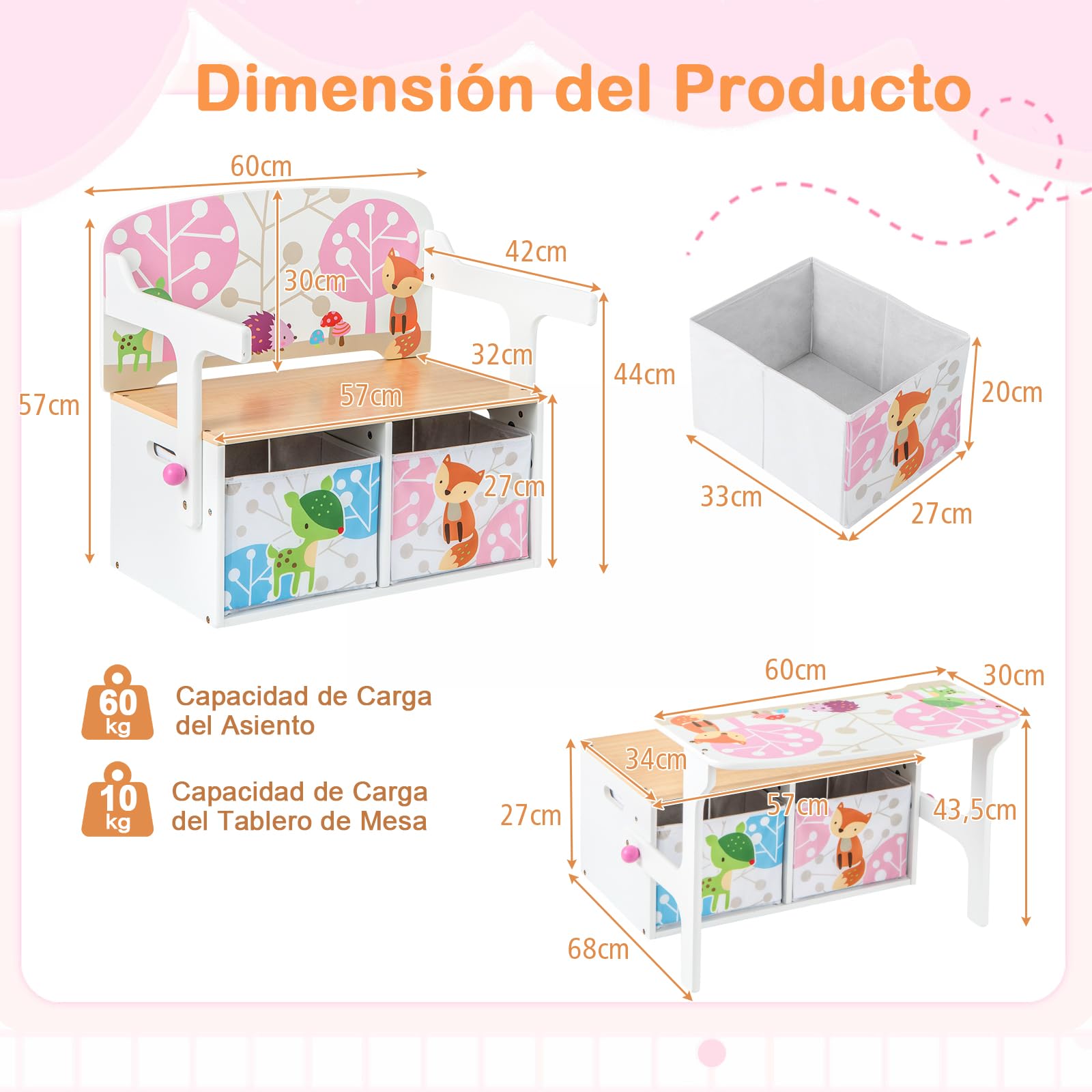 GOPLUS Mesa y Silla Infantil 3 en 1, Banco para Maletero para Juguetes de Madera con Tapa, Respaldo, Caja de Almacenamiento, Mesa de Actividades para Niños de 3 a 7 Años, para Dormitorios Guarderías